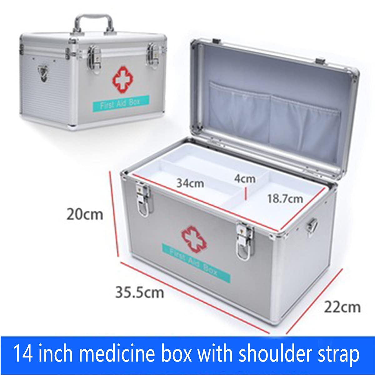 Botiquín de primeros auxilios portátil, botiquín emergencia for acampar, contiene bandeja extraíble, caja multifuncional for kit familiar con asa, plateado, 14 pulgadas(14in)