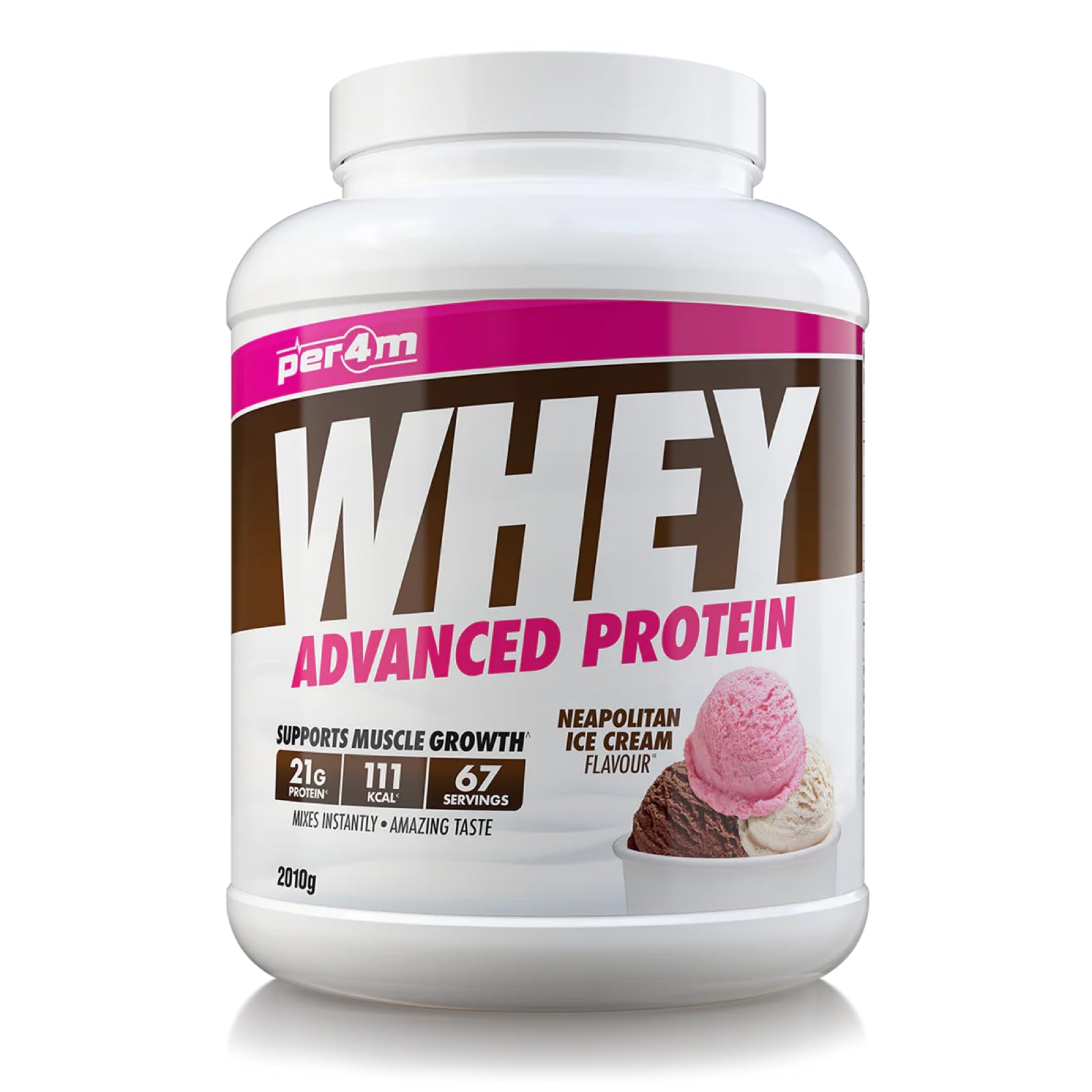 Per4m Protein Whey Powder | 67 Servings of High Protein Shake with Amino Acids | for Optimal Nutrition When Training | Low Sugar Gym Supplements (Neapolitan Ice Cream, 2010g)