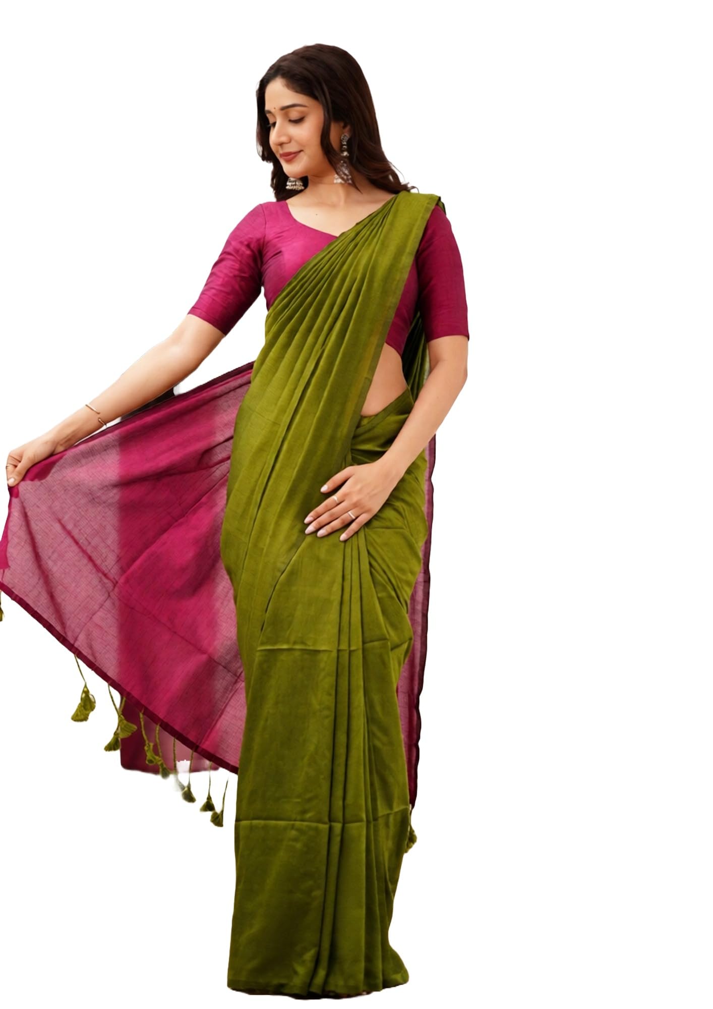 SAPTAK FASHION Cotton Khadi Handloom Saree, Olive Green and Pink, Traditional Style, Geometric Border, 550 cm-picture-25