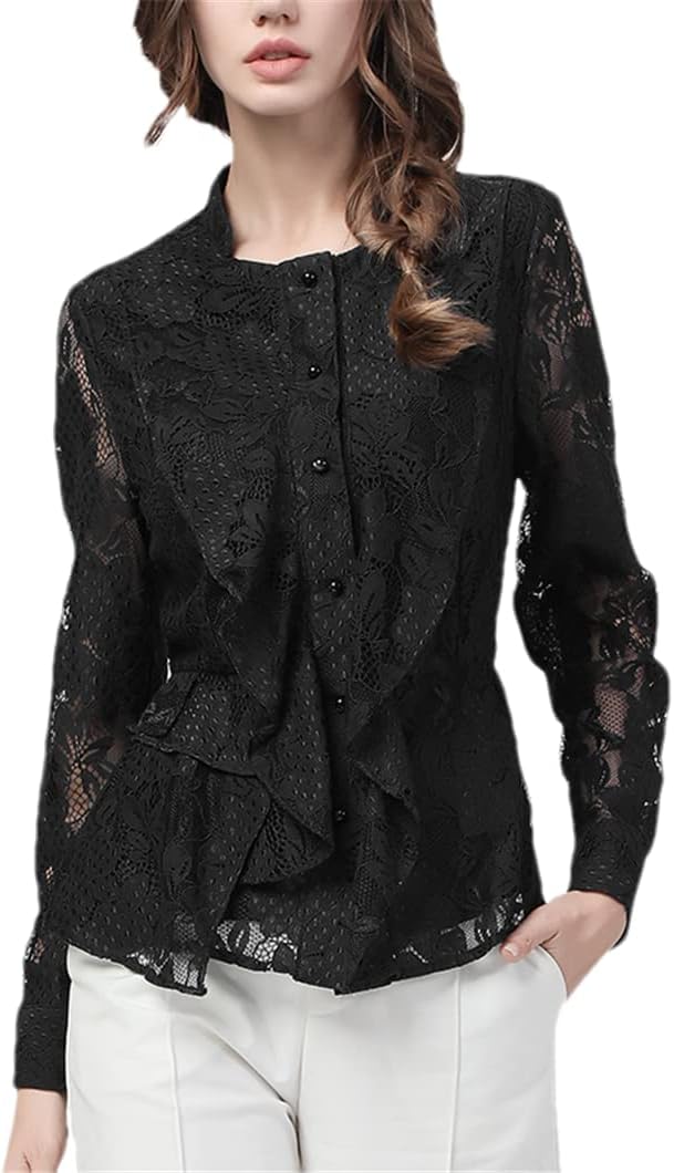 Square Neck Lace Top Women Thin Waist Outwear Hollow Out Floral Blouse Spring Autumn Shirt