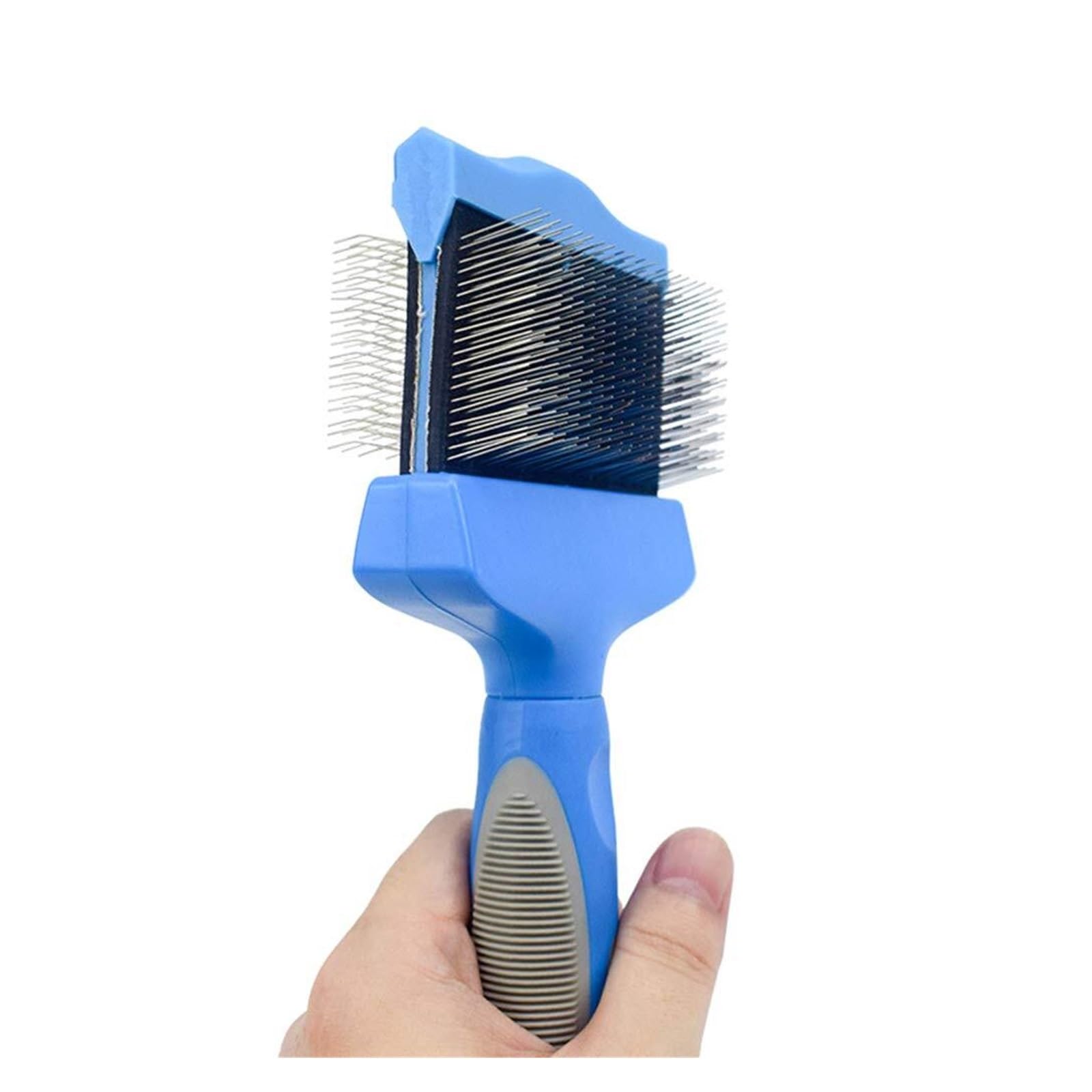 Haustierbürste aus Edelstahl für Hunde und Katzen, Entwirrungsbürste mit ergonomischem Griff, anwendbar für die Fellpflege von langem und kurzem Haar, Blau