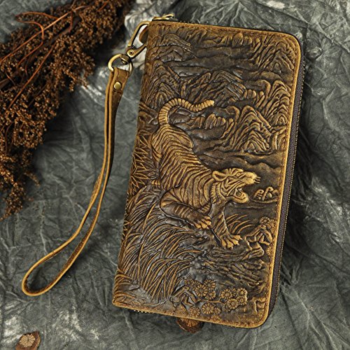 Le'aokuu Unisex Quality Genuine Leather Chain Clutch Hand Bag Organizer Purse Checkbook Zipper Wallet 1016 (W1016 Tiger)2