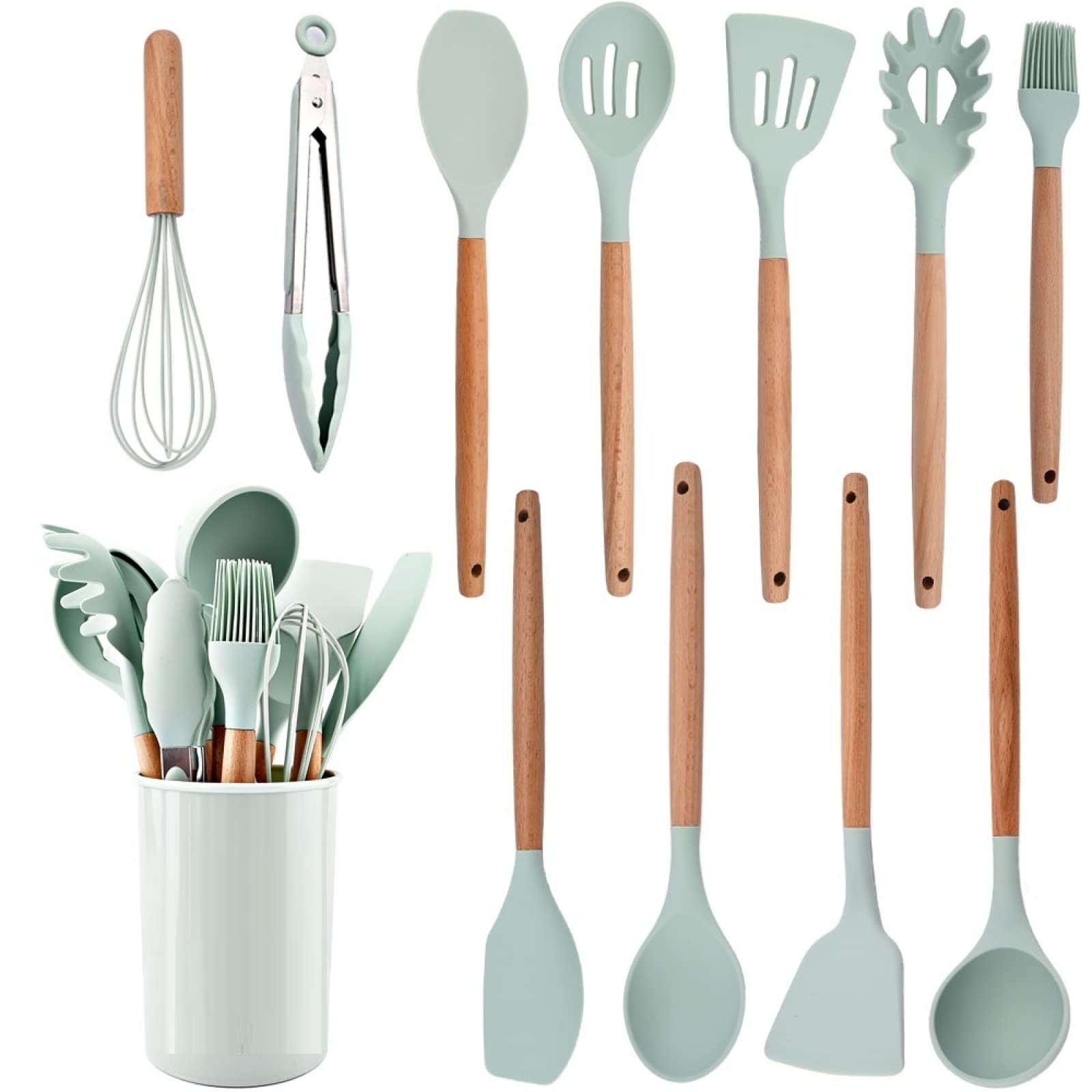 Kochutensilien-Set, Silikon, Küchenutensilien, antihaftbeschichtet, Kochutensilien, Holzgriff, Kochgeschirr, Backutensilien, Set, mintgrün, 12 Stück