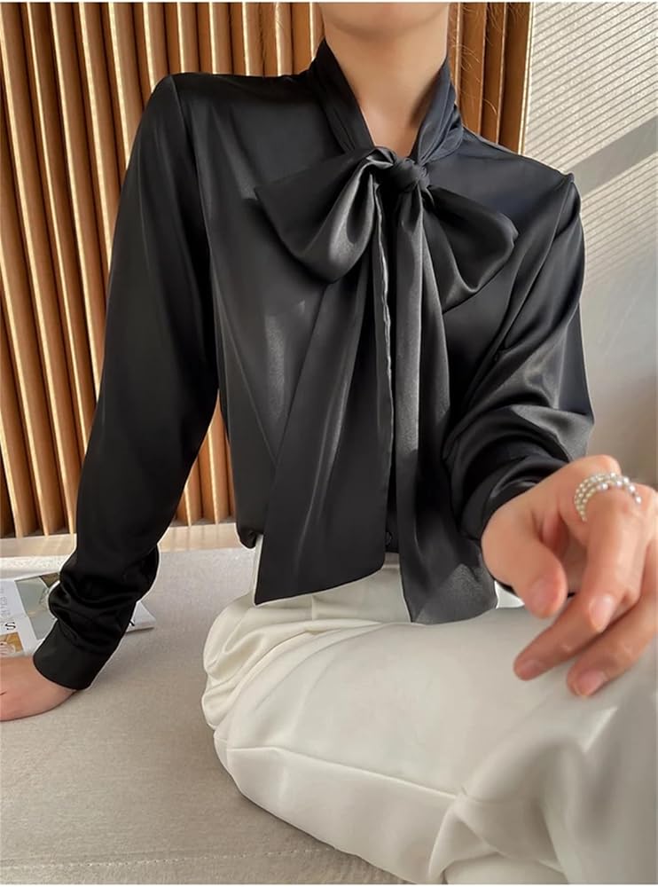 Amazon.com: Women's Long Sleeves Bow Tie Blouse Solid Color Silk