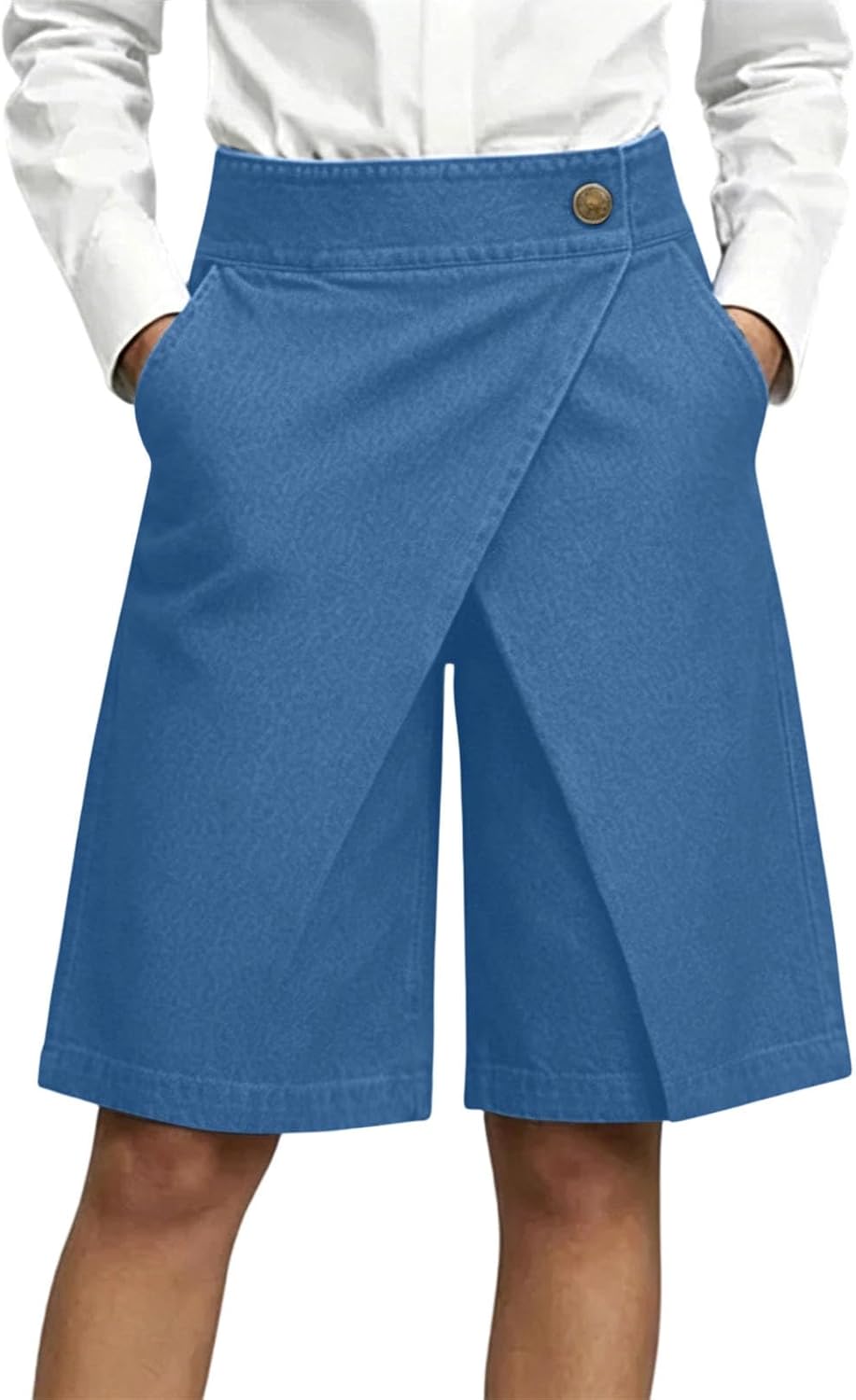 Borniu Baggy Wrap Bermuda Shorts for Women Wide Leg Loose Fit Jean Shorts Denim Summer High Rise Knee Length Pants