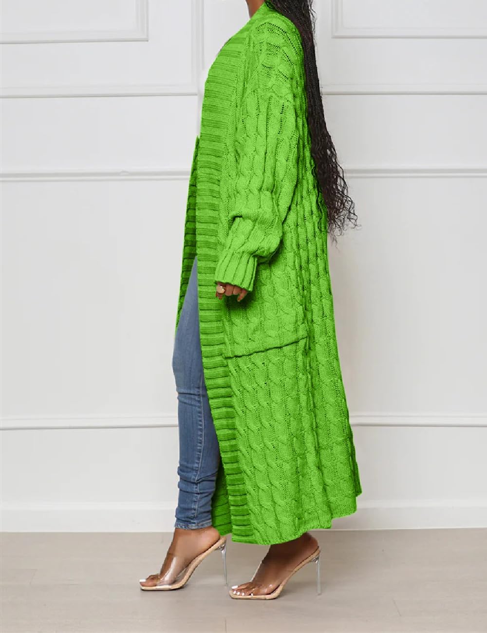 Womens Thin Stylish Cable Knit Dual Extra Long Maxi Cardigan with 2-Pockets - Image 2