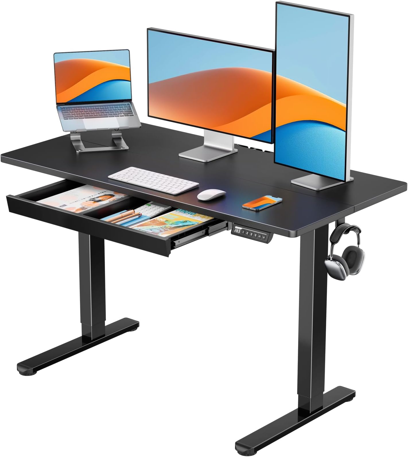 ErGearStanding Desk with Drawer, 48 x 24 inch Electric Height Adjustable Desk with 4 Preset Heights & 2 Storage Hooks, Sit Stand Desk Computer Desk with Drawer for Home & Office, Black EGESD80B