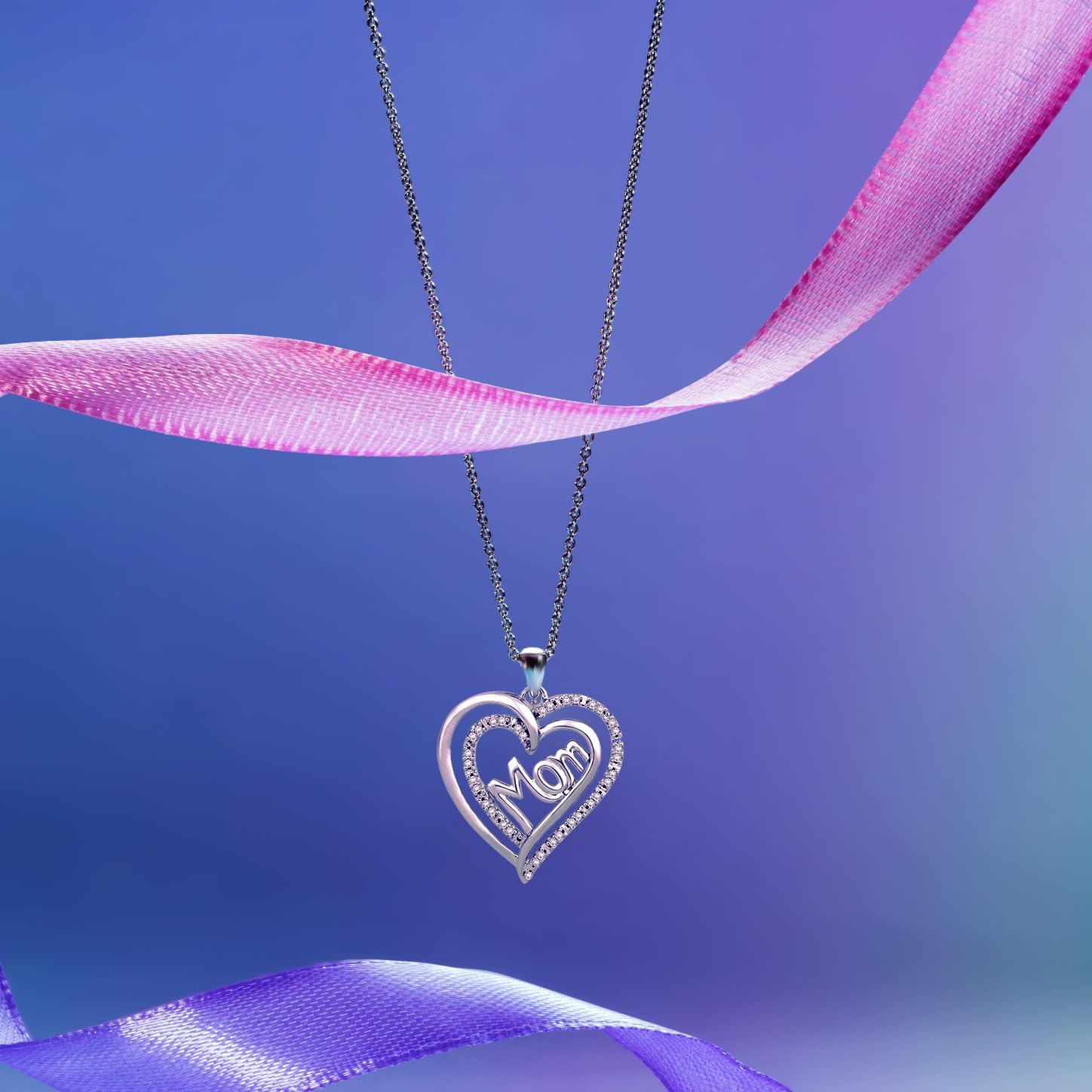 Jewelili Sterling Silver Mom Heart Pendant Necklace for Women | Double Heart Design | 1/10 CTTW Natural White Diamonds | 18” Rolo Chain | Gift Box Included