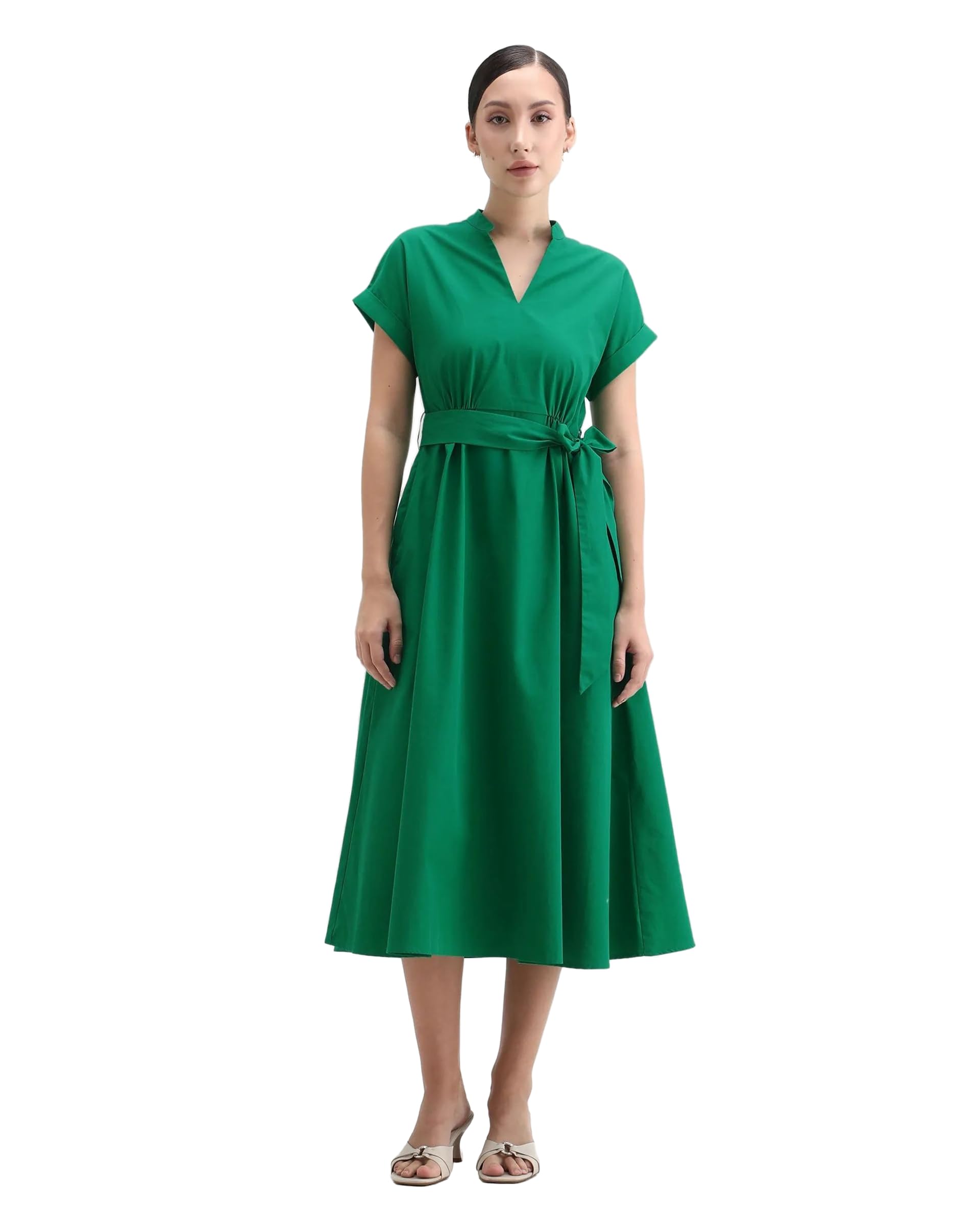 rareism A-Line Solid Green Cotton V-Neck Short Sleeve Midi Dress-picture-10