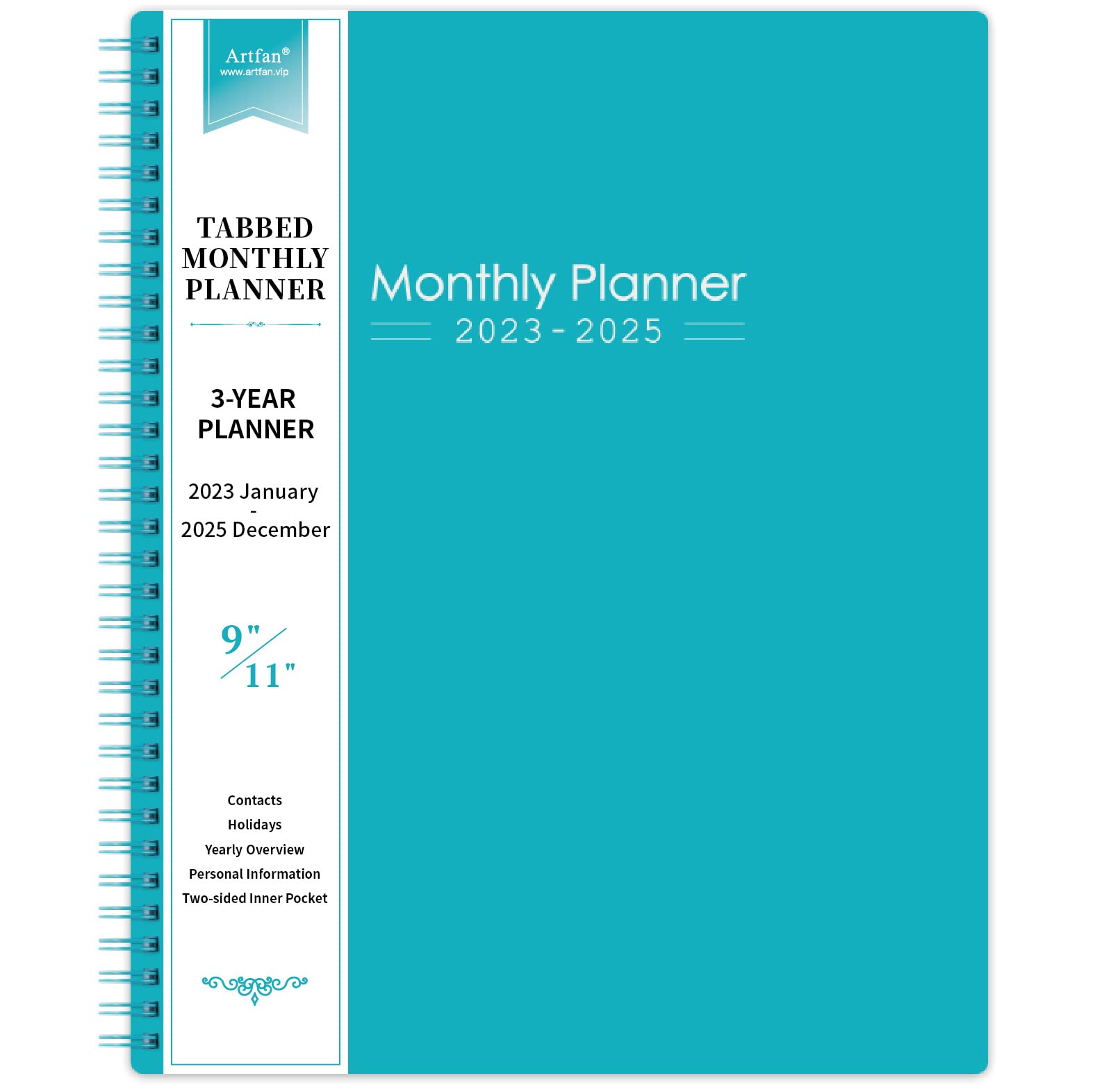 2026-2028 Monthly Planner/Calendar - 3 Year Monthly Planner 2026-2028, Jan.2026 - Dec.2028, 9" x 11", 36-Month Calendar + Colorful Tabs + Pocket - Teal