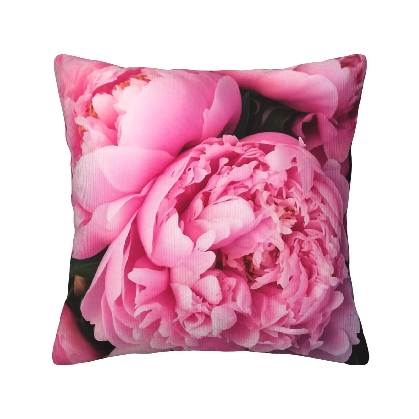 Housse de coussin velours côtelé rose 40x40 : taie d'oreiller fleur pivoine pour canapé