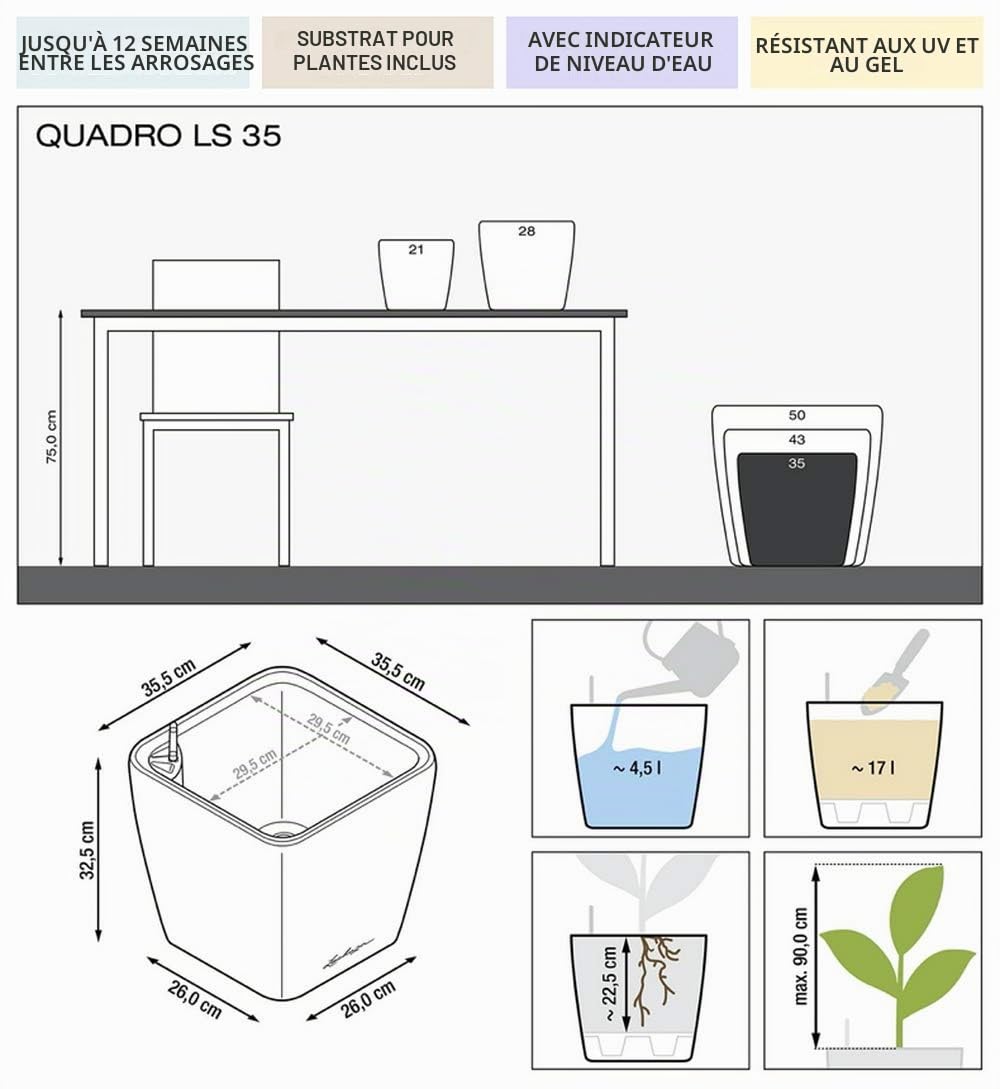Lechuza Quadro Premium 21 LS Pot de Fleurs, Blanc High-Gloss, 35 x 35 x 33 cm
