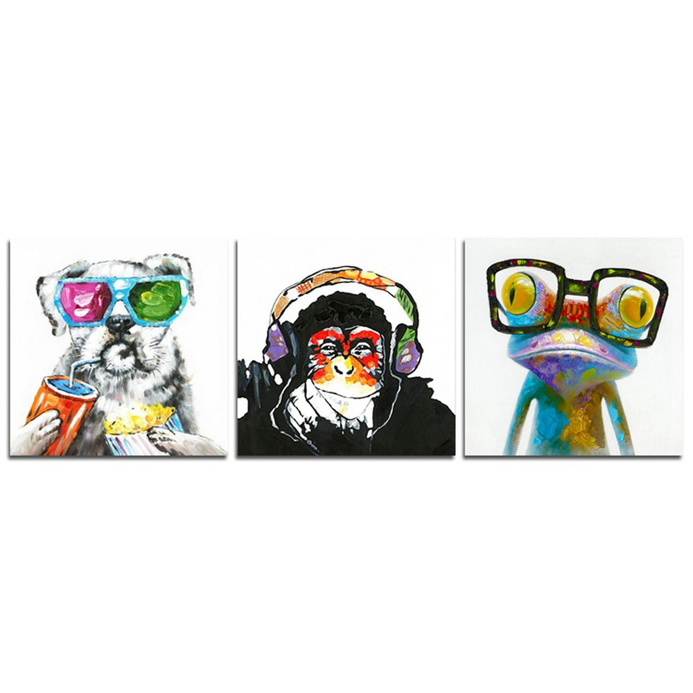 CyiArt - 3 Panels Abstract Patchwork Painting Wall Art - Gorilla Monkey Music Happy Dog Frog - Canvas Art Home Decor - 20x20 inches