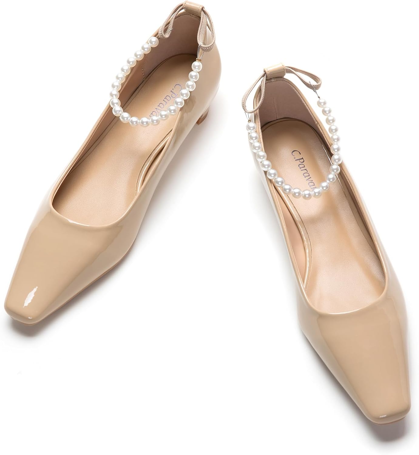 C.Paravano Chunky Low Heel Women's Square Toe Pumps Slip-On Closed Toe Low Heeled Pearl Ankle Strap Pumps Bridal Wedding Shoes 11.5 Beige C9