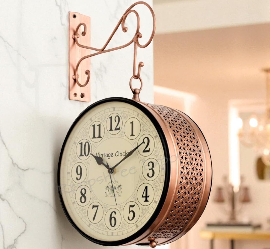Vintage Clock Double Side (Railway Style) Analog Clock/Copper 8 Inch (20 CM's) / 1 Year Warranty