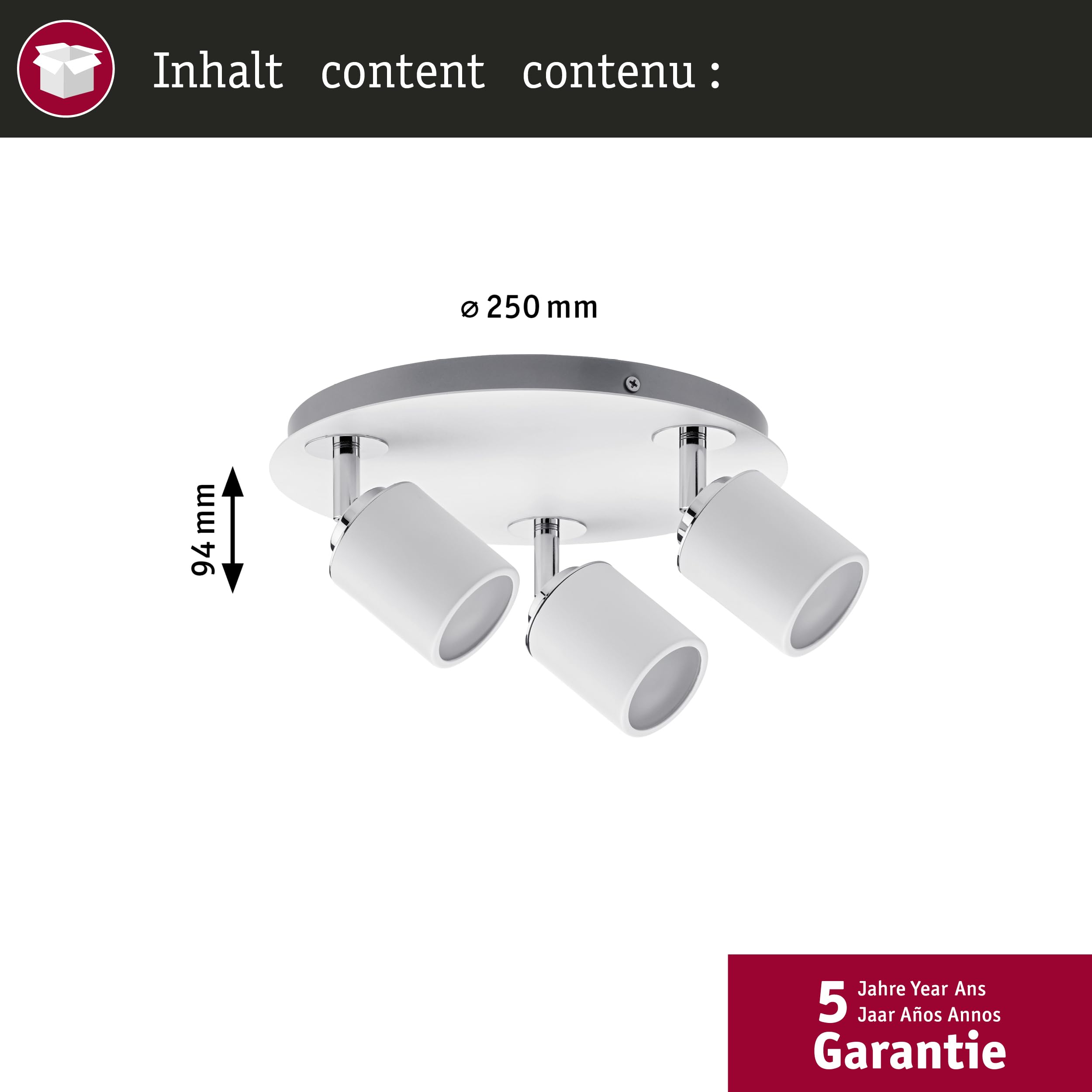 Paulmann 66719 Spotlight Tube IP44 Rondell max 3x10W GU10 Weiß/Chrom 230V Metall 667.19 Deckenleuchte Lampe LED Deckenlamp ohne Leuchtmittel