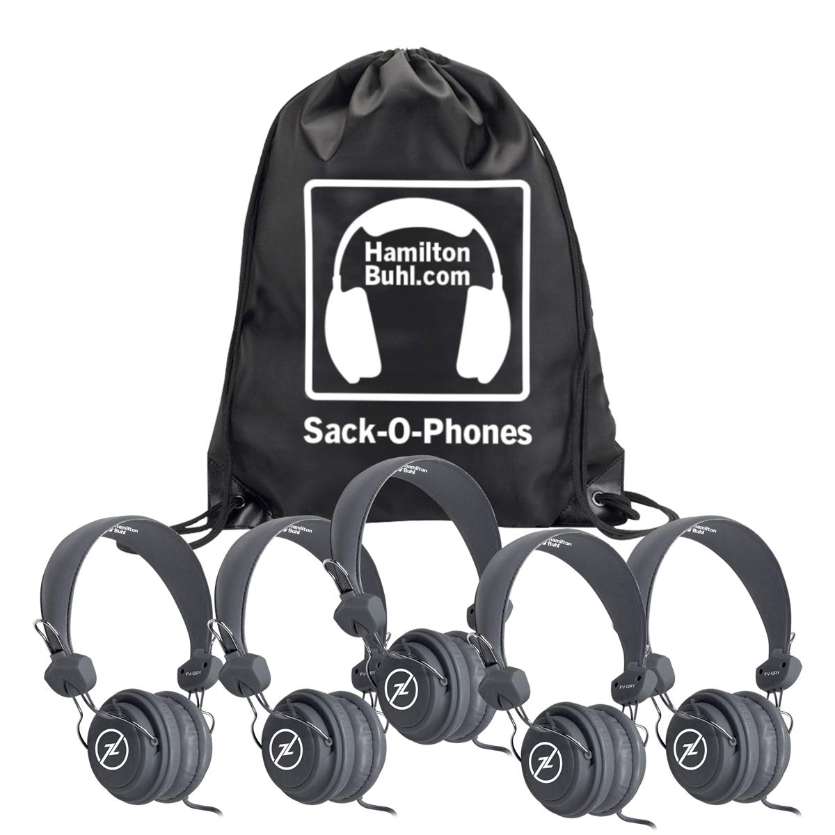 HamiltonBuhl Sack-O-Phones, 5 Gray Favoritz Headsets with in-Line Microphone and TRRS Plug