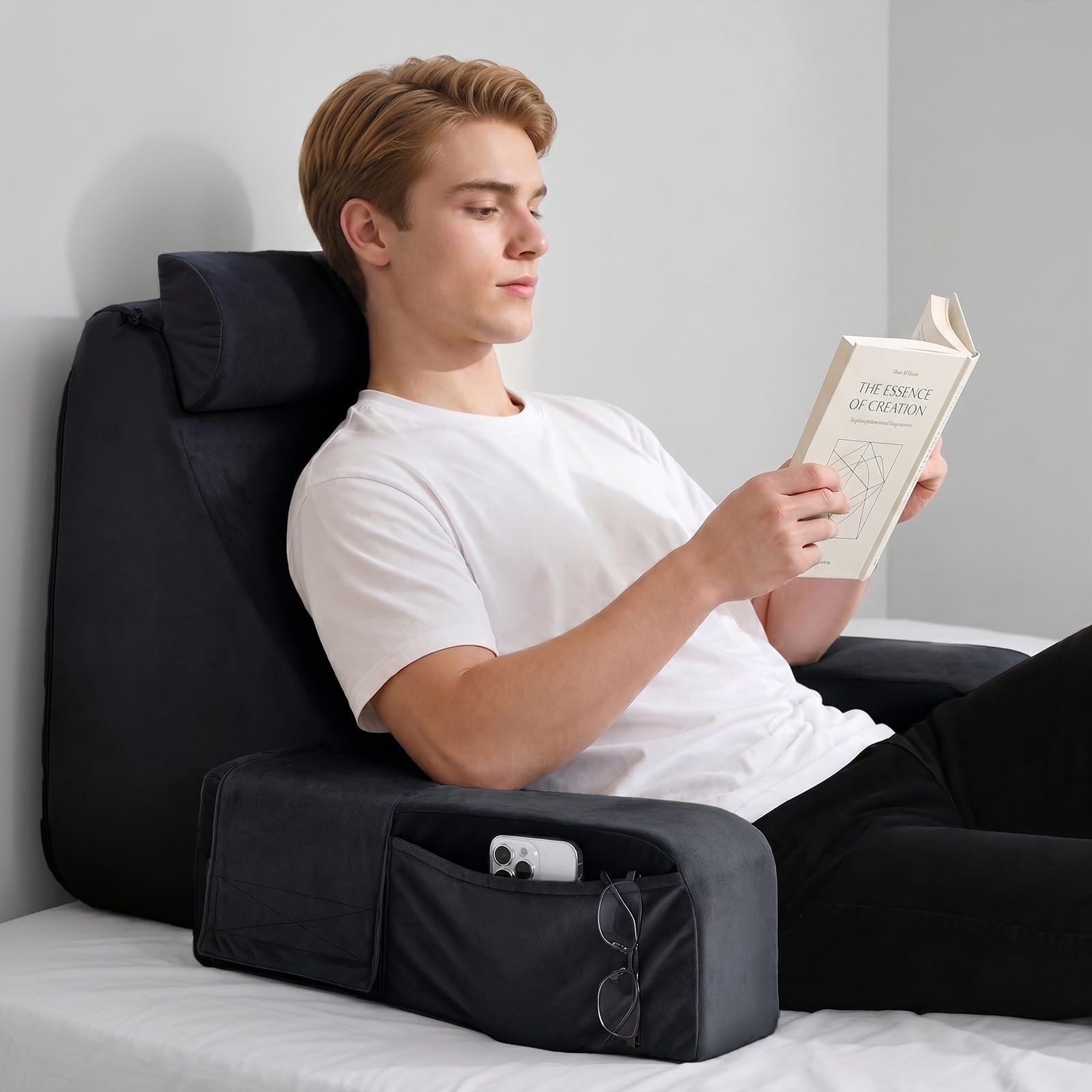 ENITYA Reading Pillow for Sitting in Bed Adult, 21" Large Back Pillow for Sitting up, Bed Rest Pillows for Reclining/Watching TV/Reading/Gaming/Resting in Couch or Floor, Black