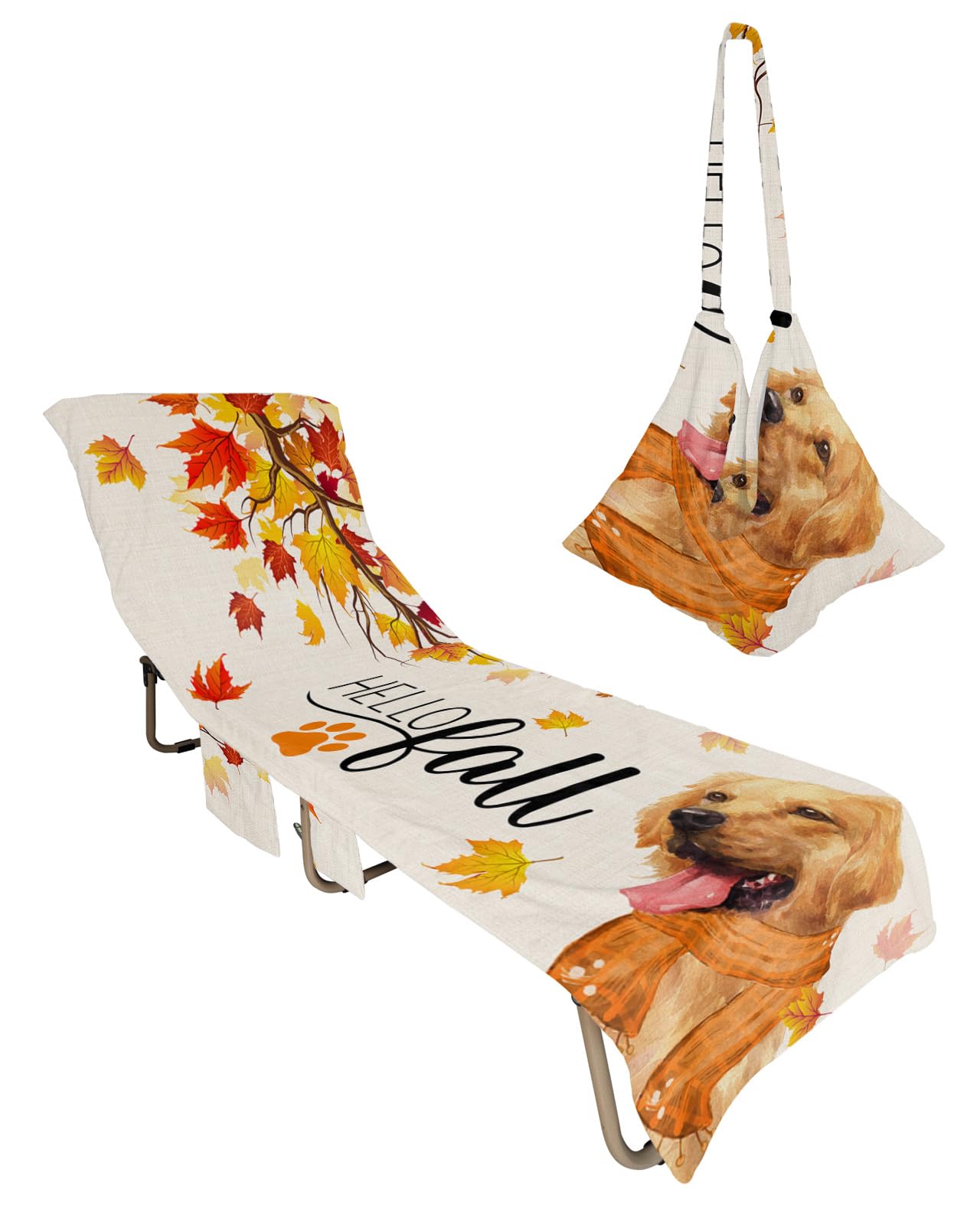 Thanksgiving Animal Dog, Beach Lounge Chair Towel Cover, Soft Chaise Lounge Towel with Side Pockets Patio Pool Chairs Cover for Beach/Pool Sunbathing 29x85 Rustic Fall Maple Leaves