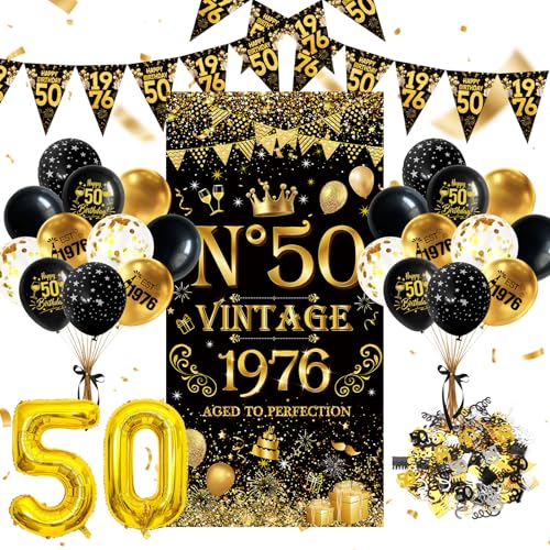 50th Birthday Decorations for Men Women - Vintage 1976 Black Gold Party Supplies with Number Balloons Latex Balloons Banner Confetti and Bunting for 1976 Born 50th Birthday Party Supplies (50th)