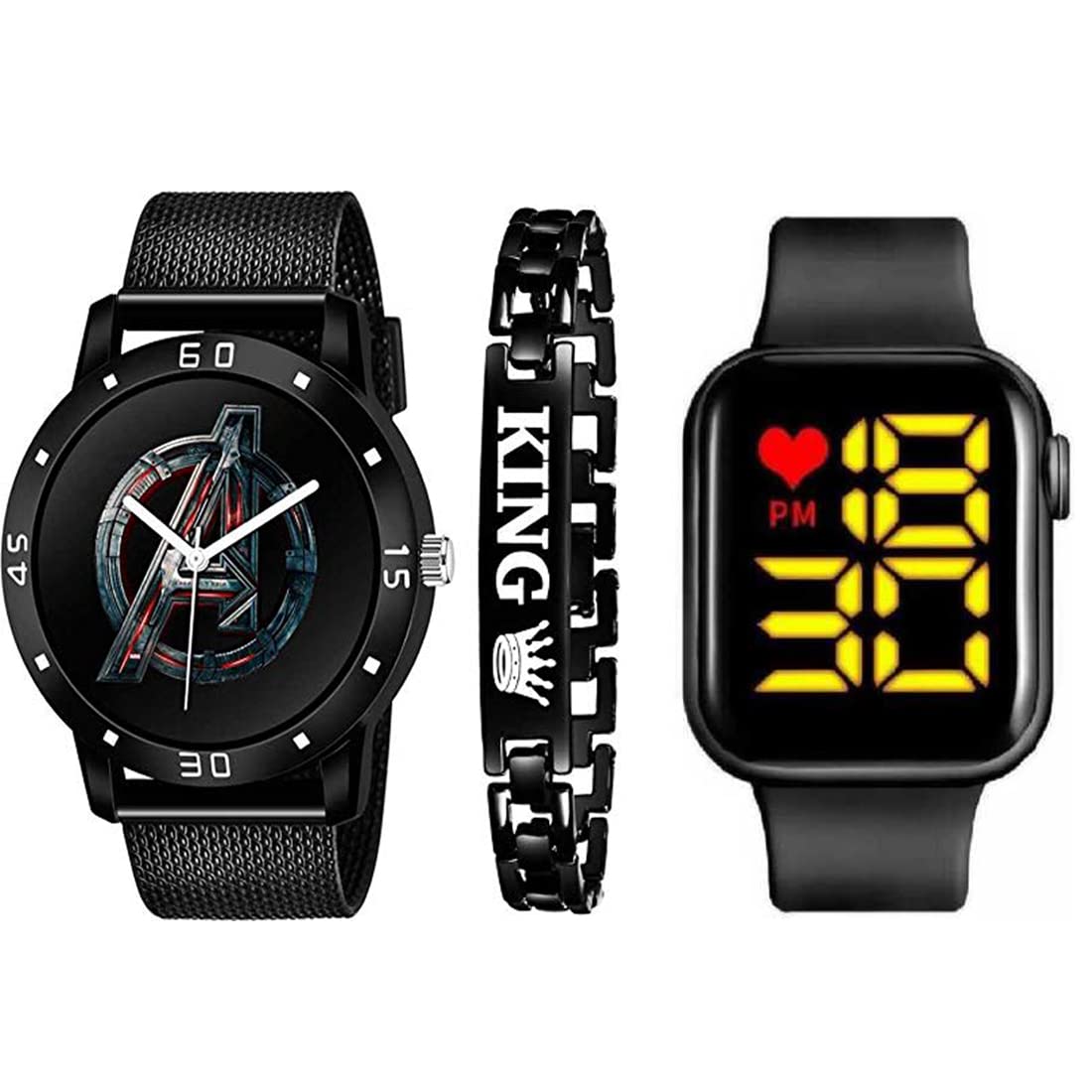 GOLDENIZE FASHION Avenger Printed Analogue with King Bracelet and Square Digital Dial Yellow LED Display Watch for Mens & Boys Combo of 3 Watches (B09MTWFQSV) Amazon Price History, Amazon Price Tracker