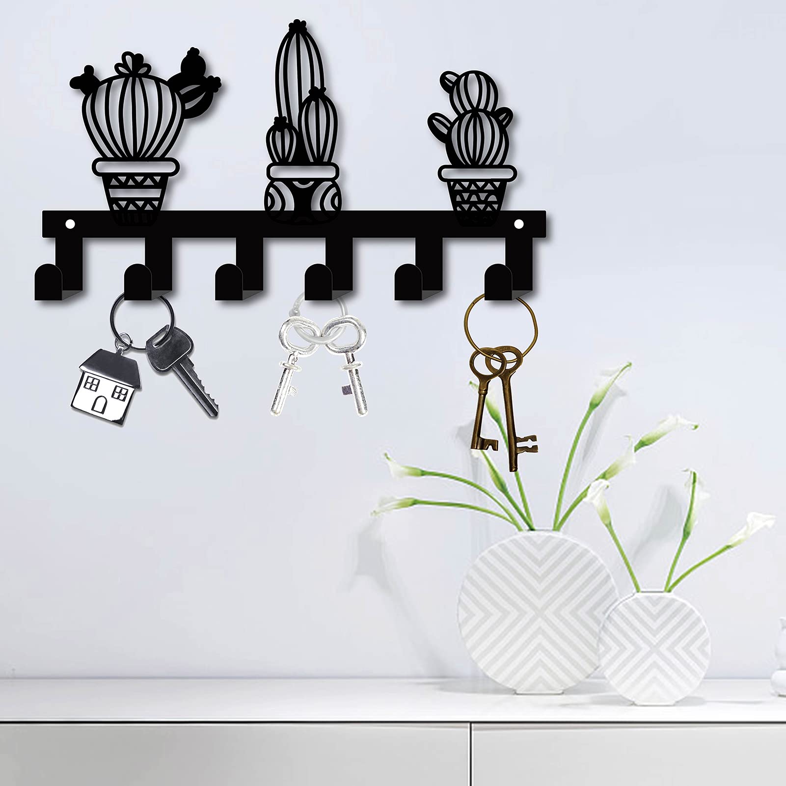 GORGECRAFT Portachiavi In Ferro Portachiavi In Metallo Nero Appendiabiti per Montaggio A Parete Decorativo Da Appendere Scaffale Decorativo con 6 gancio 10.6 x 5.9 x 1.5 pollici Cactus In Vaso