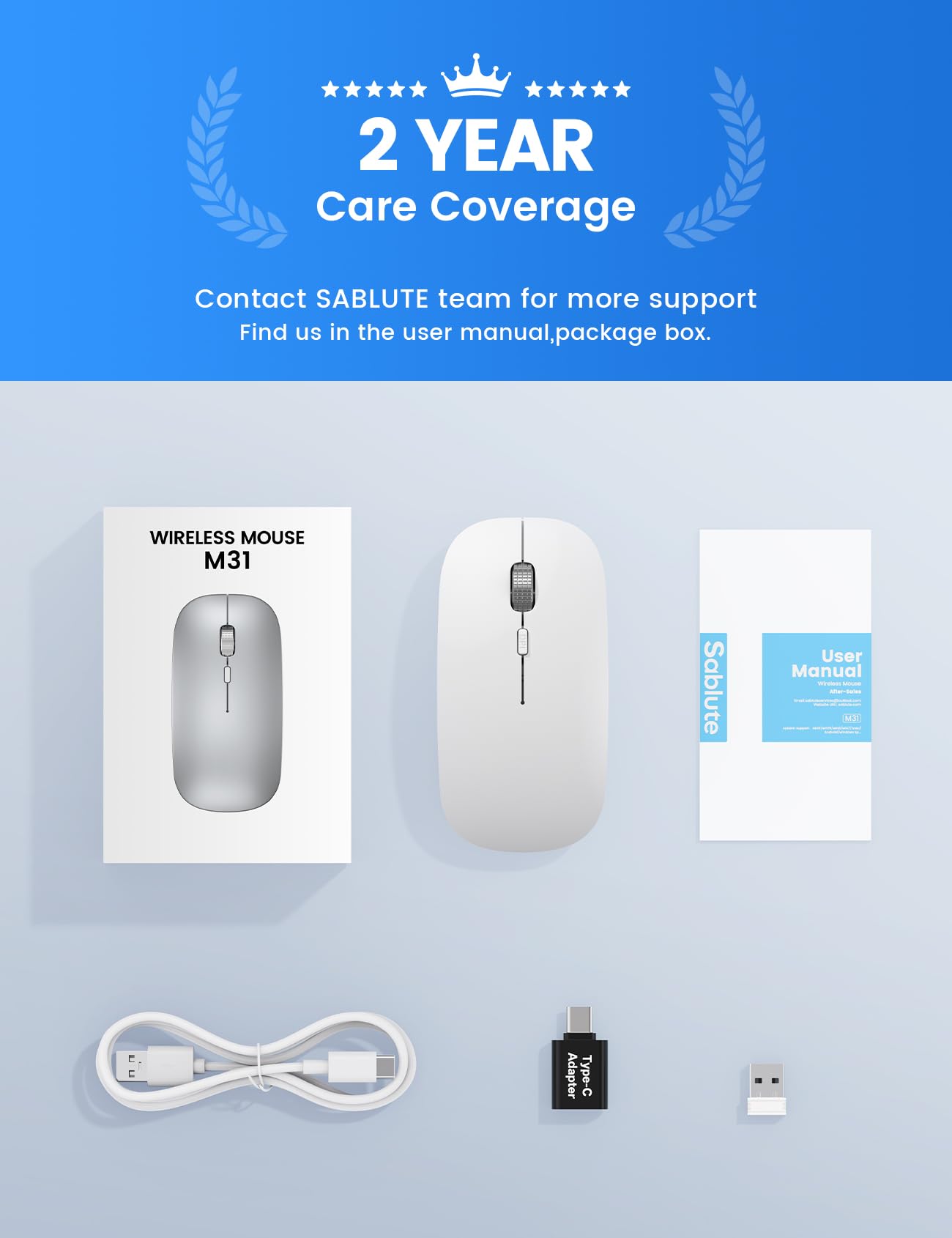 SABLUTE Ratón Bluetooth para MacBook Pro/Air, iPad, mouse inalámbrico recargable de tres modos para 3 dispositivos (BT 5.2 + 2.4G), elegante mouse silencioso delgado para superficie, ventanas, blanco