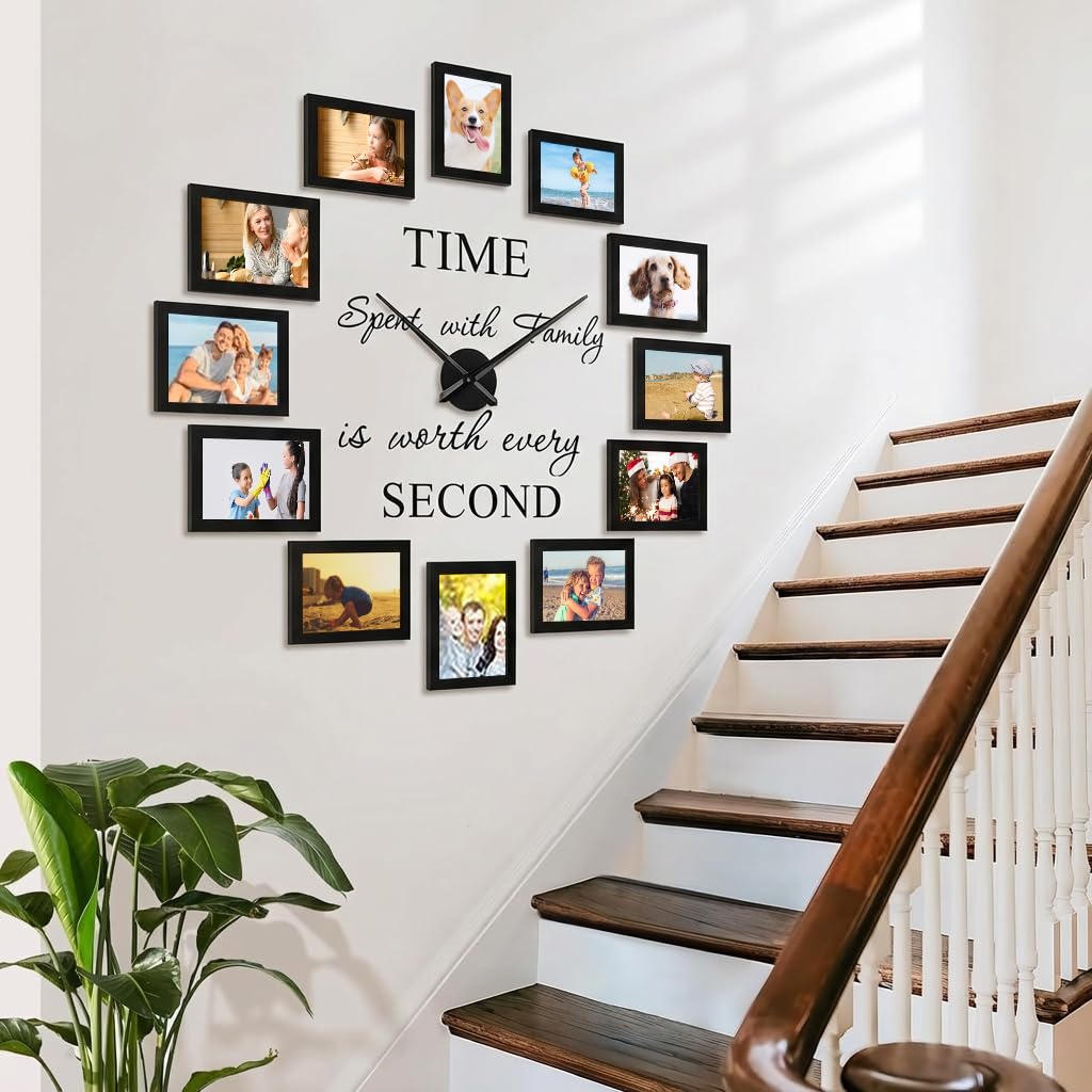 Luming DIY Wanduhr Groß Mit Bilderrahmen Collage - Modern Wohnzimmer Uhr Wand - 12 Stücke 10x15 Schwarz - Fotorahmen Set für Mehrere Fotos - Wall Clock Schwarz