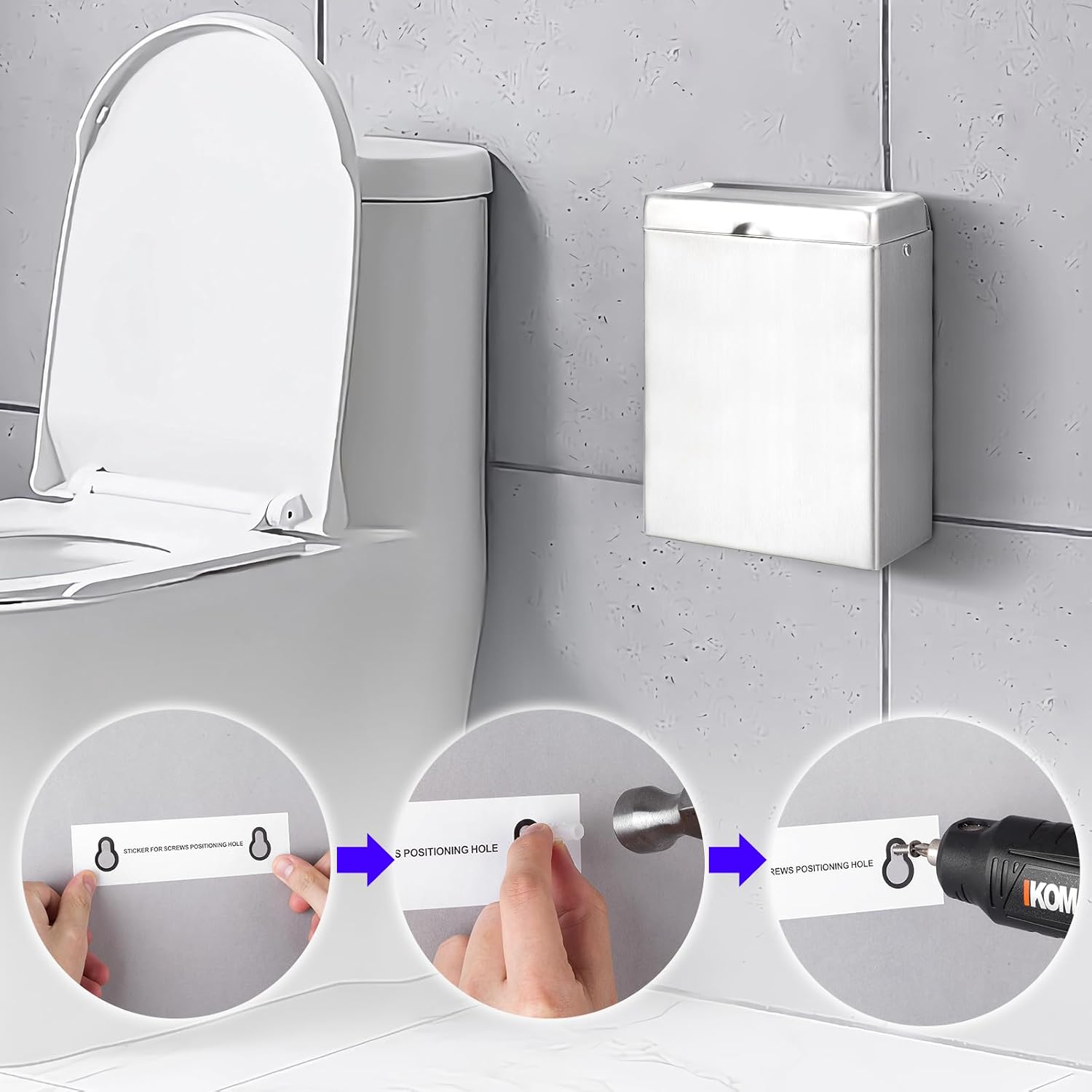 Sanitary Napkin Receptacle Wall Mounted Tampon Holder, Garbage Can for Bathroom Clean & Odor-Free Restroom for Home, Office & Public Restrooms (Stainless Steel)