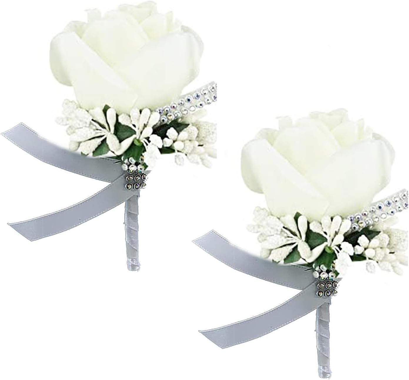 2 Pieces Men Boutonniere, Rose Boutonniere, Wedding Corsage, Handmade Artificial Flower Artificial Boutonniere with Pin and Clip for Wedding, Banquet, Prom, Party Decor (White)
