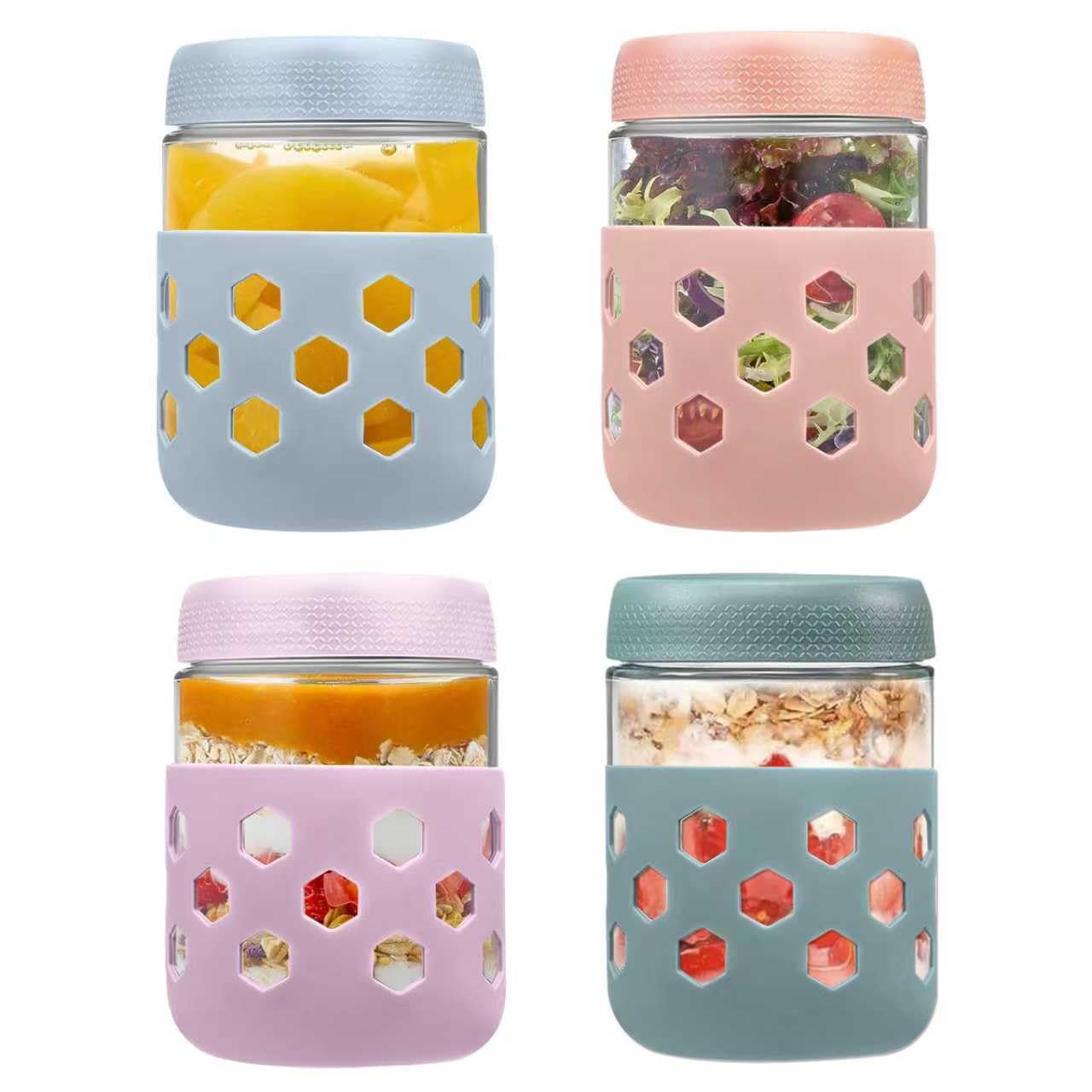 Nbbeng 4 Pcs 16Oz Overnight Oats Jar, Glass Jar With Screw Lid Leakproof Overnight Oats Container And Protective Silicone Sleeve, Yogurt Jars, Oatmeal Salad Jars, For Cereals Milk Fruit, ( 4 Colors 480Ml )