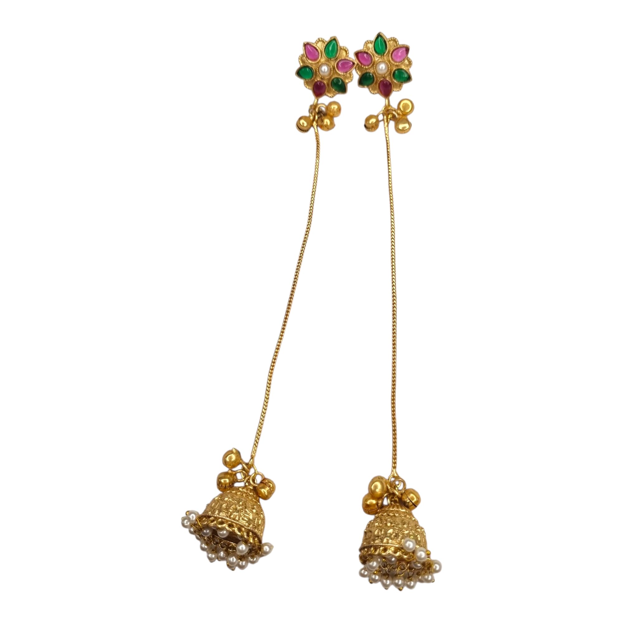 Traditional Kashmiri Jhumka Earrings, Gold-Toned Long Chain Drop, Pearl Beads and Stone Floral Top