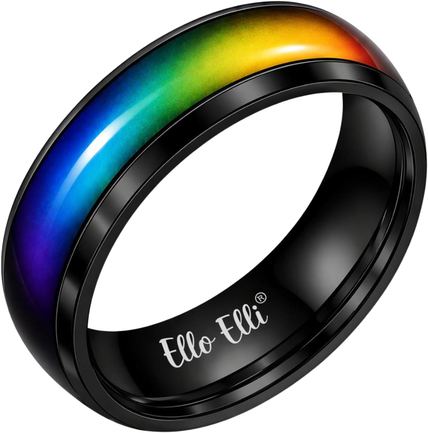 8mm Color Changing Mood Ring for Men & Women, Stainless Steel Comfort Fit Mood Ring, Silver & Black Band
