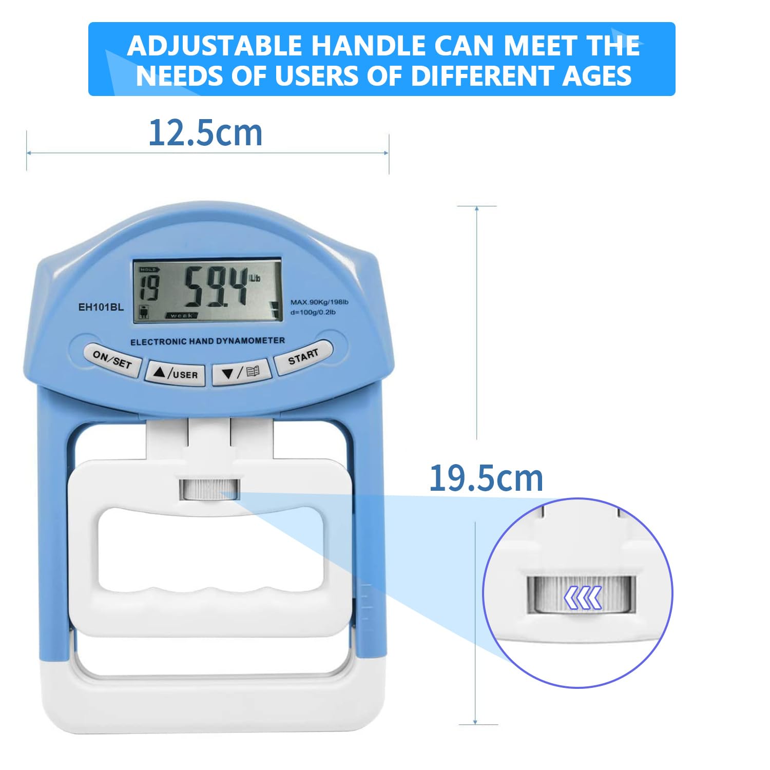 Numérique Dynamometre Main 198 lb/90 kg Électronique Dynamomètre avec Grand Écran LED Portable Hand Grip avec Câble de Charge USB, Intelligent et Sensible