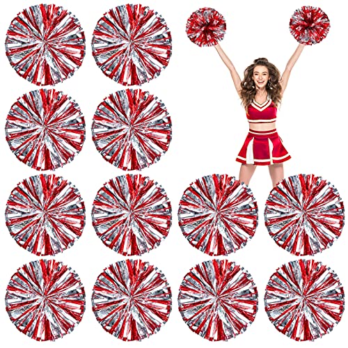 Deekin 12 Pcs Cheerleading Pom Poms Cheerleader Squad Spirited Fun Pompoms 12 Inch Metallic Foil Cheer Pom Poms with Handle Flowers for Sport Team Dance Costume Party 50g Weight Each(Red and Silver)