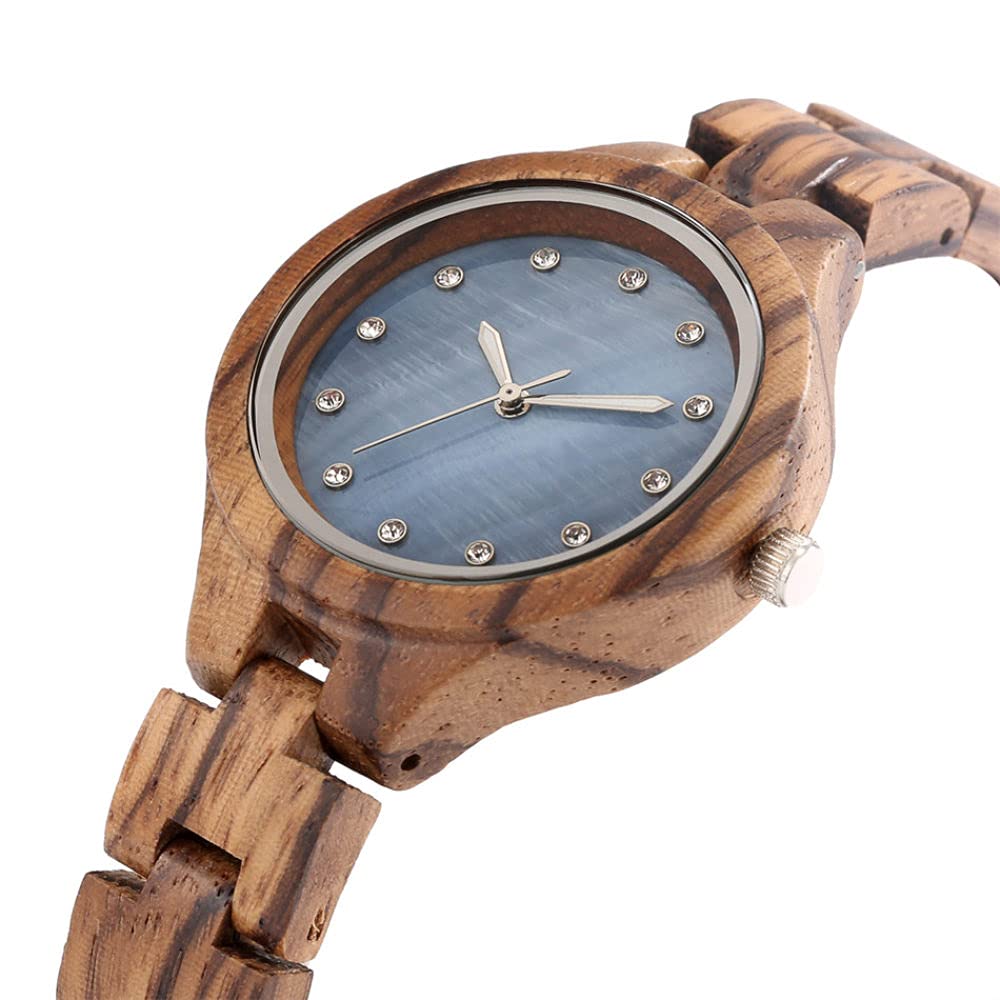 CAIDAI&YL Orologio da polso da donna con cinturino in legno con strass display quadrante rotondo rosa/blu orologio da donna in legno di quarzo zebrano, blu