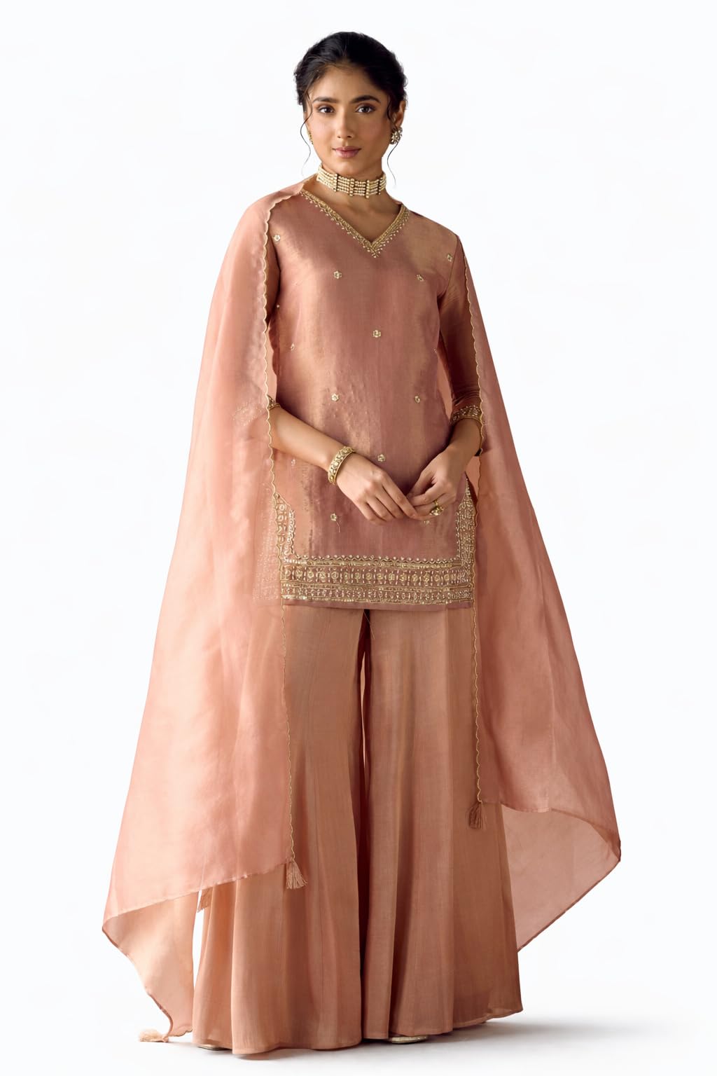 Women Peach Tissue Blend Hand Embroidered Kurta Set with Dupatta-image-14