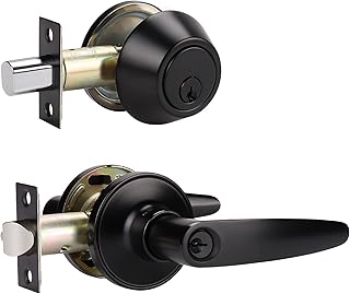 KNOBWELL Entrance Door Lever Lockset with Matching Single Cylinder Deadbolt (Keyed on The Outside and a Thumb Turn on The Inside) Combo Keyed Alike, Matte Black