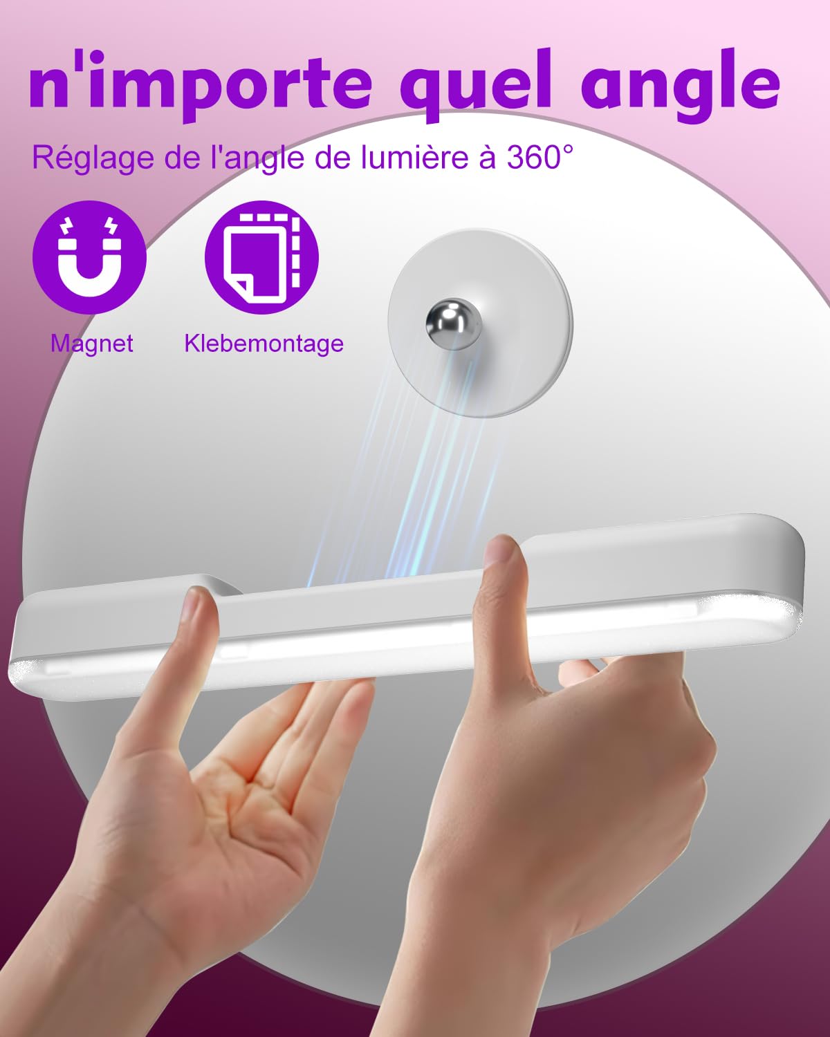 Sans Fil Miroir Coiffeuse Led Pour Miroir, Rechargeable 4000 mAh Lumiere Coiffeuse Lampe, Autocollant Lumière Coiffeuser Pivotant à 360° Amovible et Portable