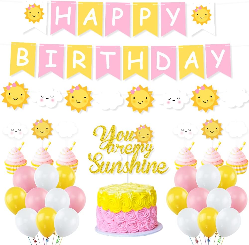 You're My Sunshine Party Decorations - Sun Smile Face Clouds Happy Birthday Banner Balloons Cake Topper for Girls First Sunny Summer Theme Party Supplies