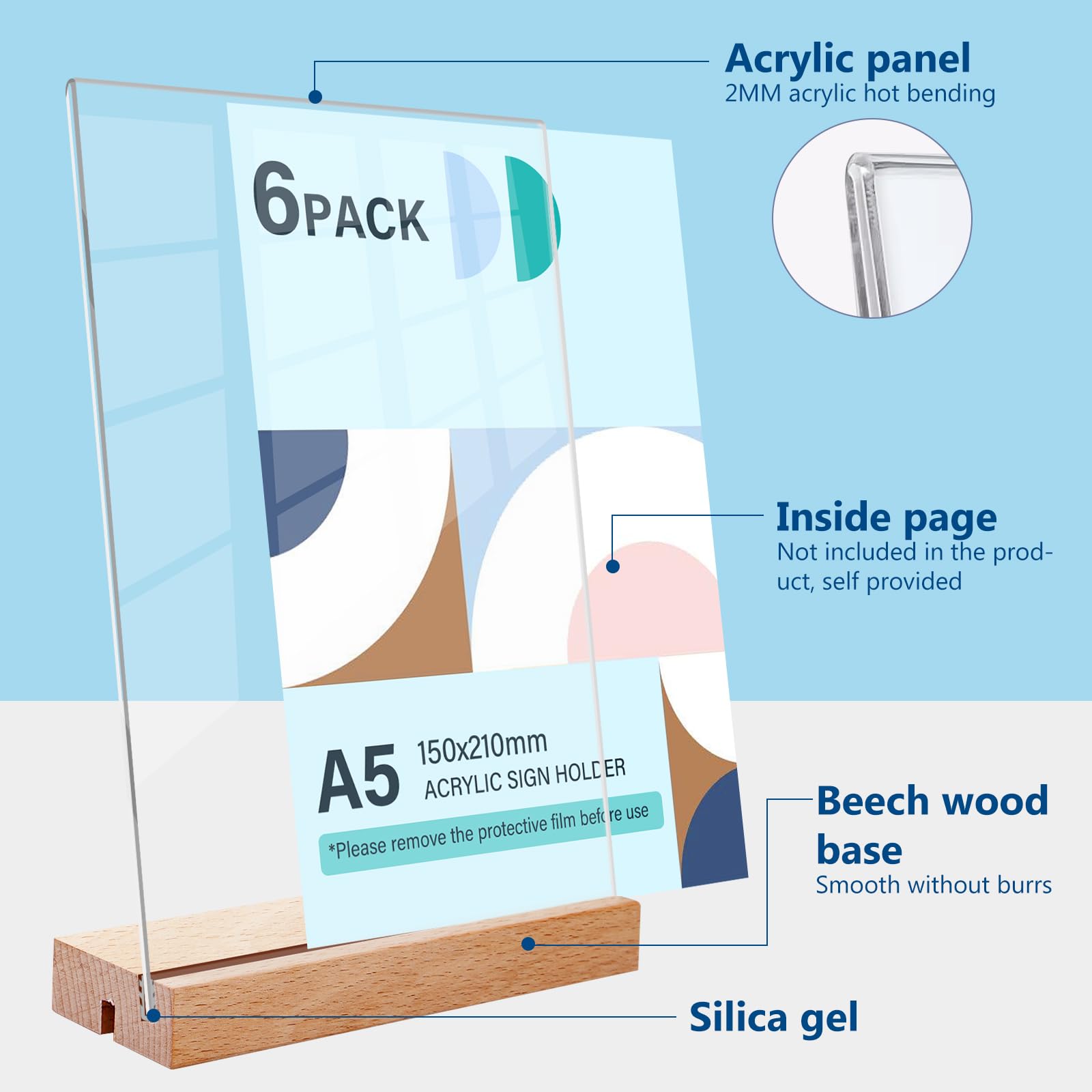 Support de table A5 : 6 supports pour affiches A5 en acrylique transparent, chevalet de table, support de menu de restaurant, présentoir pour menu de mariage, cadre photo, café, support de panneau