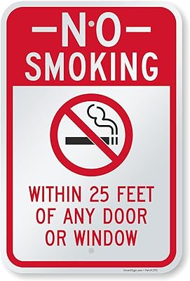 SmartSign 18 x 12 inch “No Smoking - Within 25 Feet Of Any Door Or Window†Metal Sign, 63 mil Laminated Rustproof Aluminum, Red, Black and White
