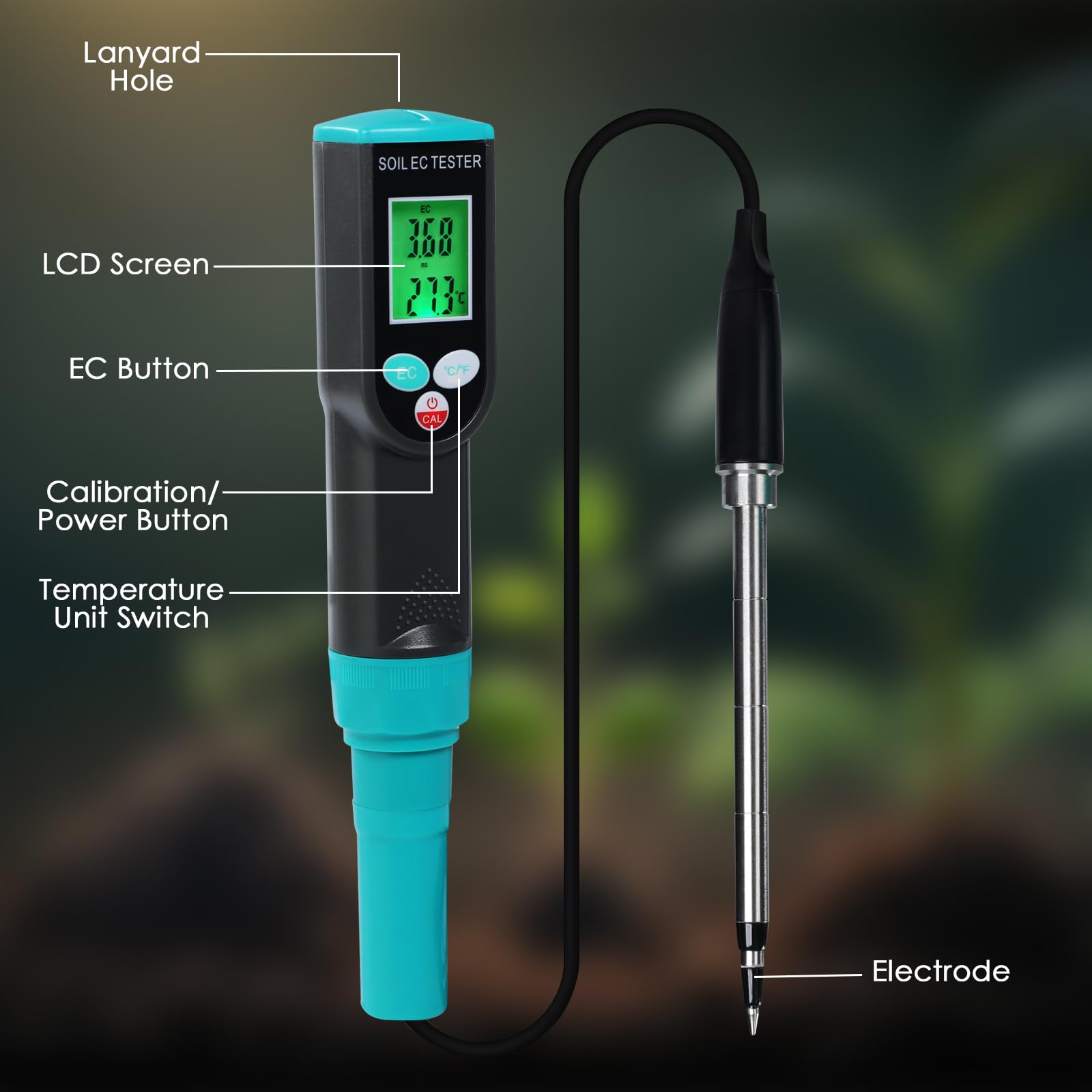 TEKCOPLUS Digitales Bodenmessgerät mit Corde-Sensor, 2-in-1 Boden-EC- & Temperaturmessgerät Tester mit ATC-Funktion, einfache Kalibrierung, hintergrundbeleuchtetes LCD-tragbares EC-Messgerät für