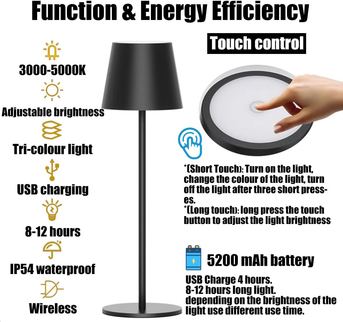 2 Pièces Lampe de Table Sans Fil Rechargeable Led, Tout Métal Lampe Sans Fil Rechargeable 5000mAh, 3 Températures de Couleur, Contrôle Tactile pour Chevet, Interieur, Exterieur