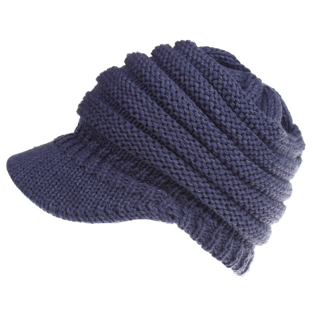 Camelliass Women's Navy Blue Ponytail Beanie Hat Peaked Beanie Outdoor Winter Warm Knitted Baseball Cap Messy Bun Hat (Navy Blue)