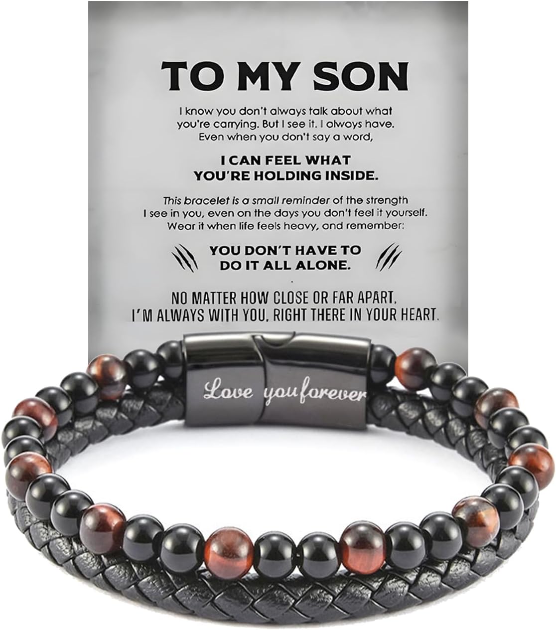 The Guardian - Son's Tiger Eye Protection Bracelets For Men, Leather Black Beaded Bangle Engarved With Love You Forever Cuff Jewelry Gift for Birthday Christmas