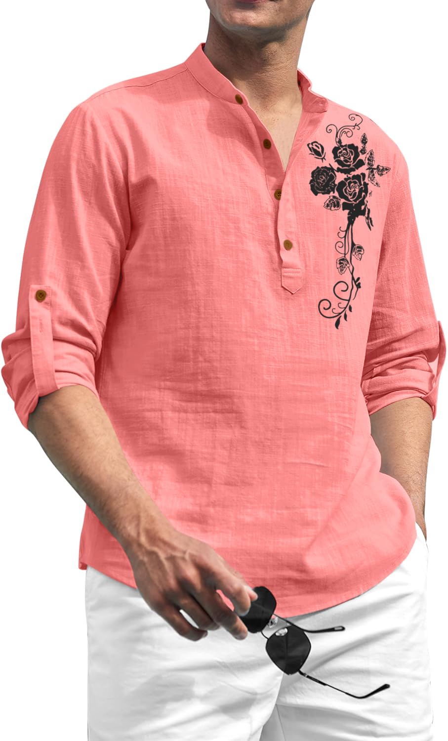 zombom Men's Cotton Polyester Blend Mandarin Collar Self One Design Printed Full Sleeve Casual Short Kurta Shirt-picture-28