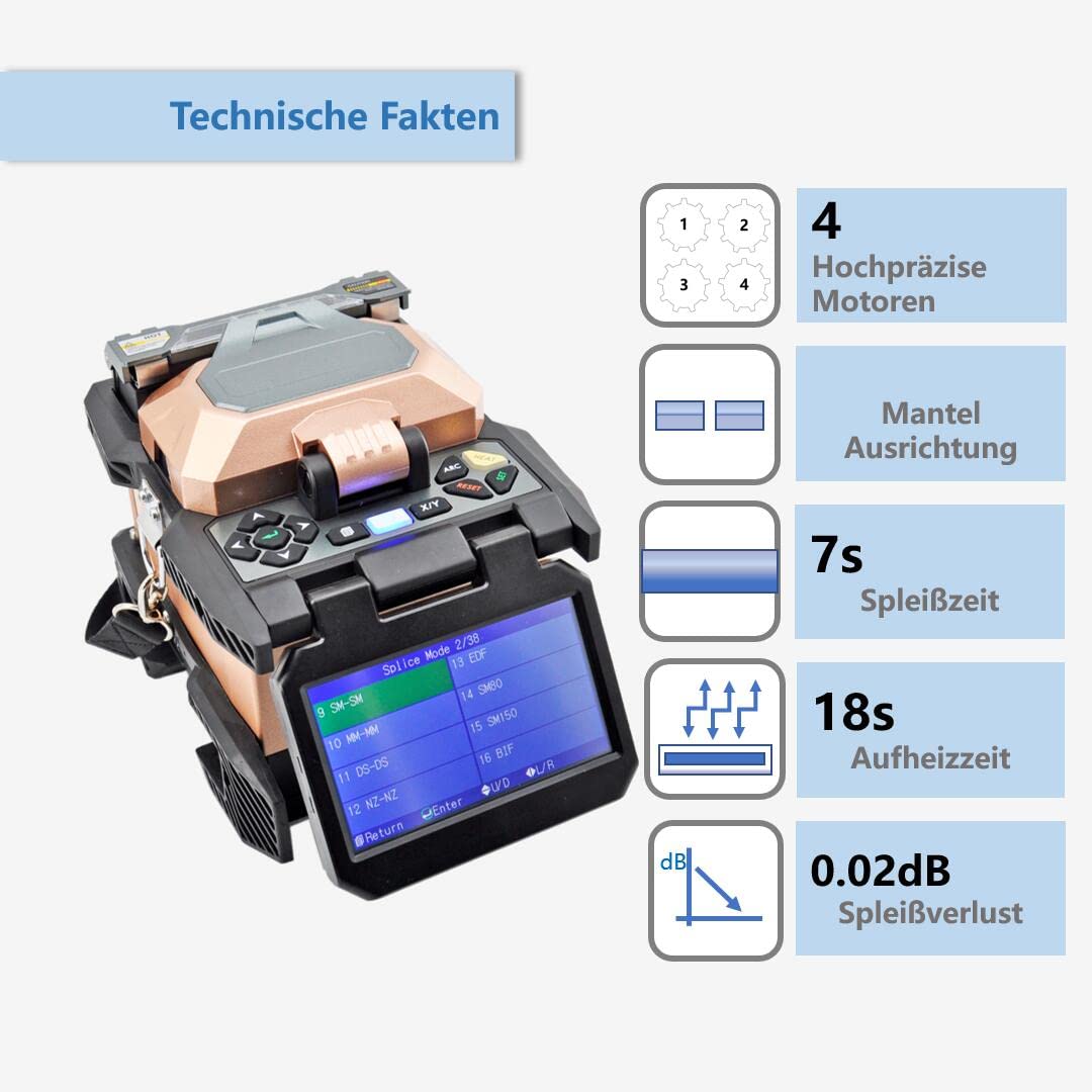 Glasfaser Spleißgerät Fusion Splicer, LWL Spleißgerät mit 4,3-Zoll-Touchscreen, Glasfaser-Spleiß-Kit mit 4 Motoren und großem Akku für FTTH