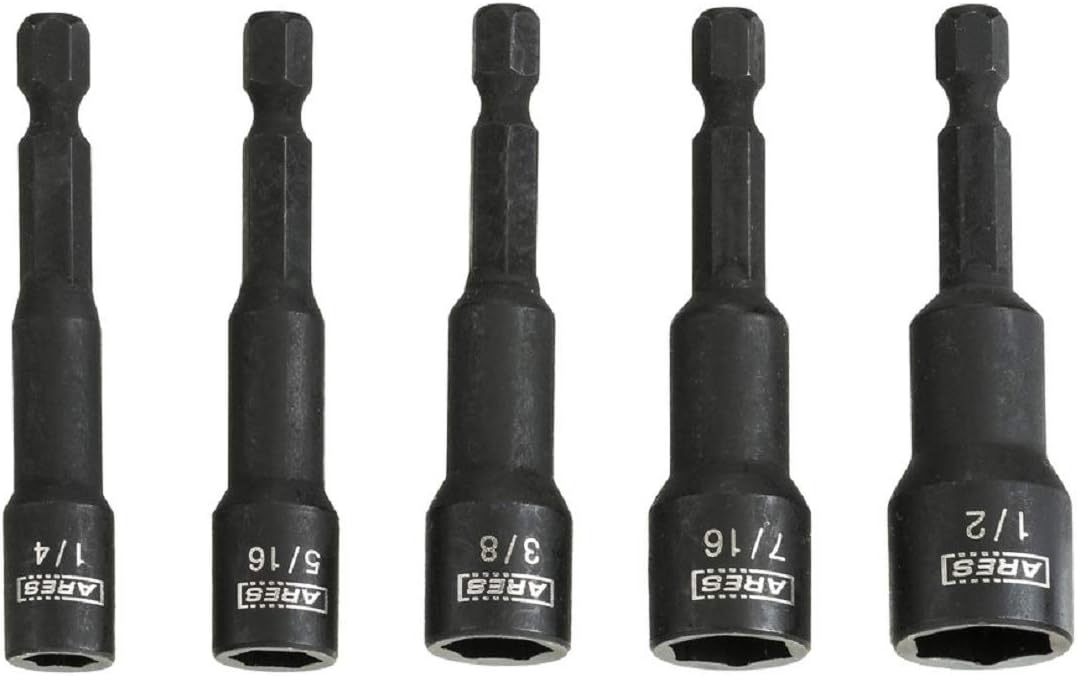 ARES 70028-5-Piece SAE Impact Magnetic Nut Driver Set - 2 1/2-Inch Impact Grade Nut Setters with Industrial Strength Magnet