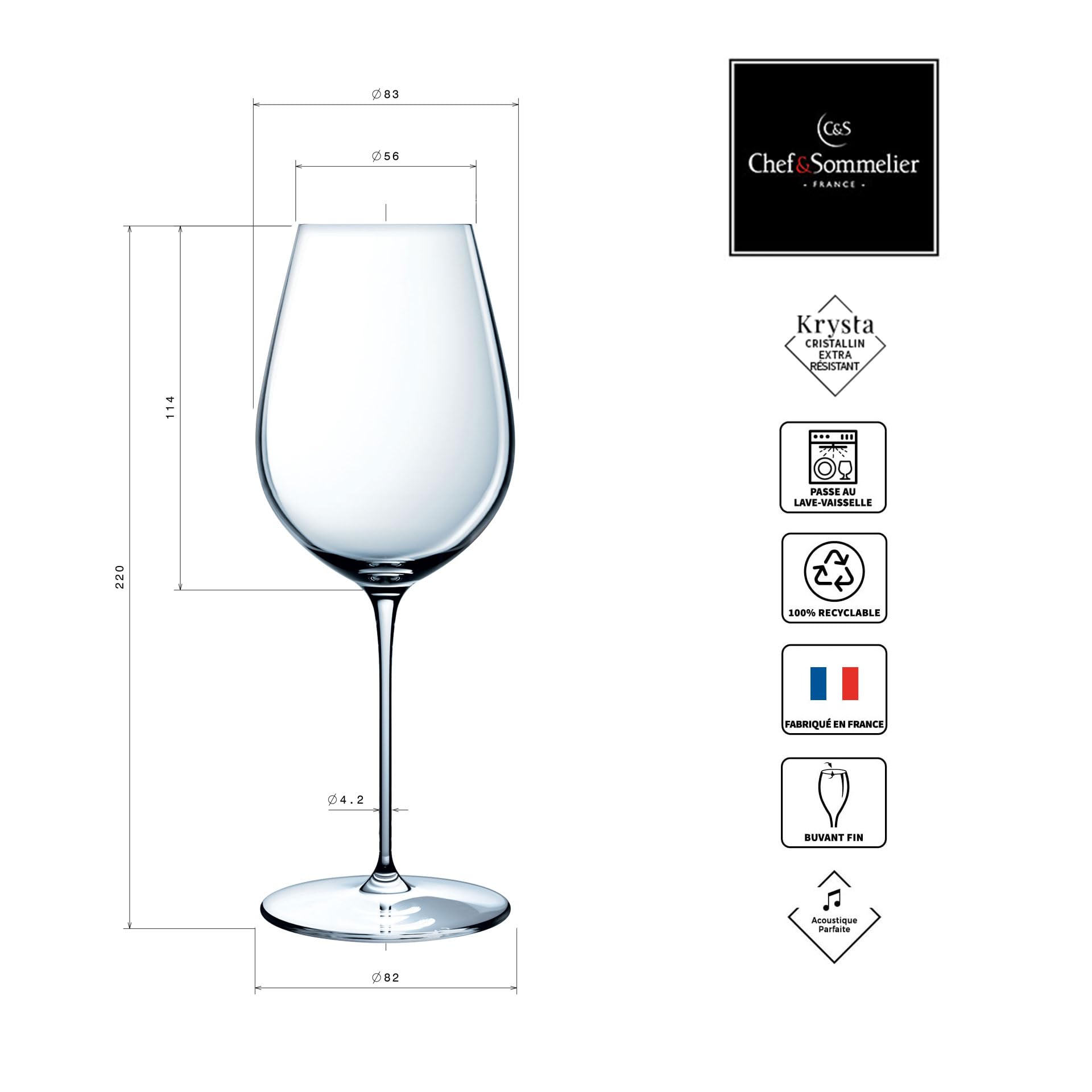 Chef & Sommelier Galea – Set da 6 calici da vino bianco 38 cl in vetro cristallino – Vino bianco, degustazione e servizio tavola – Alta resistenza – Lavabili in lavastoviglie – Fabbricati in Francia